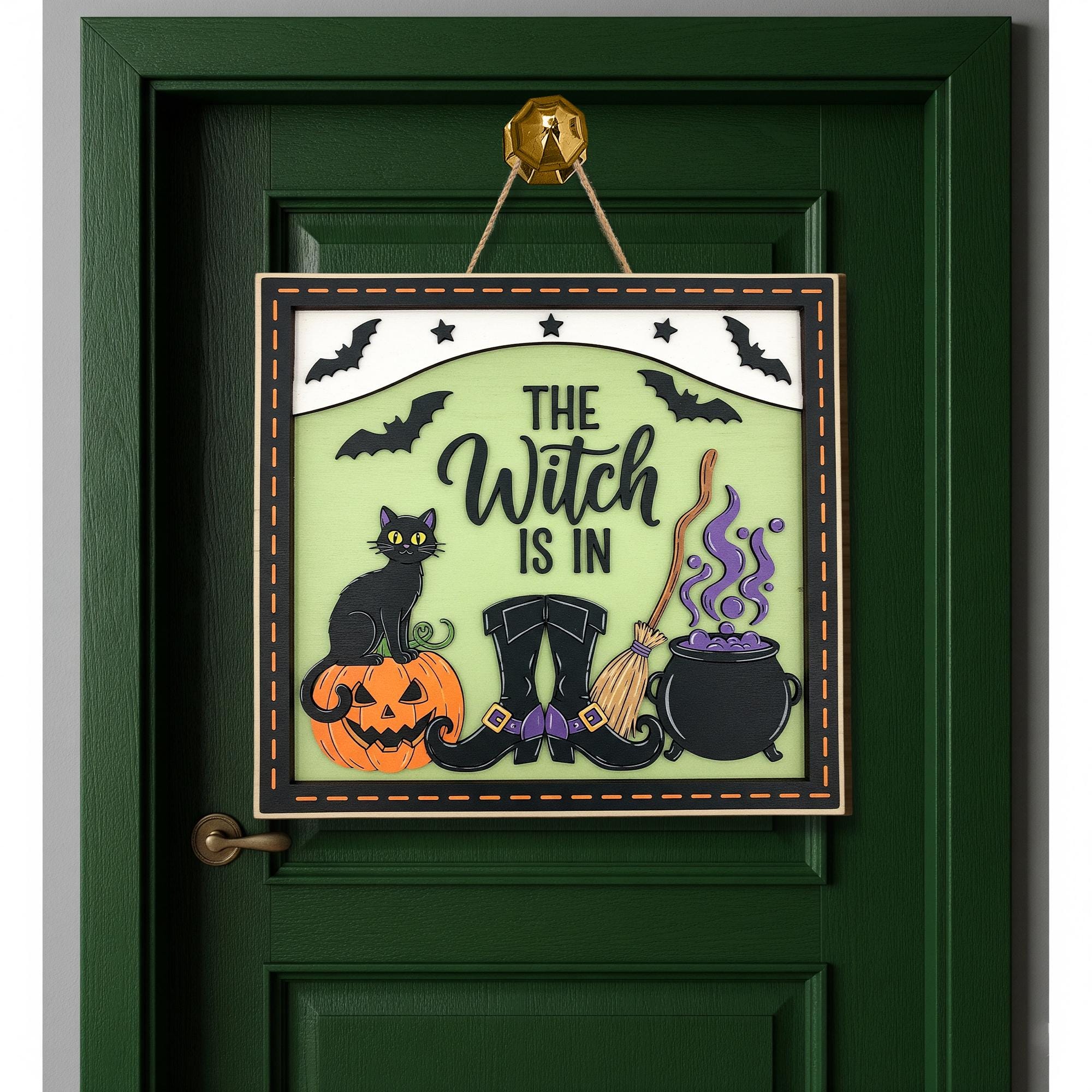 The Witch Is In 2 layer  Door Sign - Halloween Witch Decor - Black Cat Broom Cauldron Wall Art - Spooky Fall Door Hanger