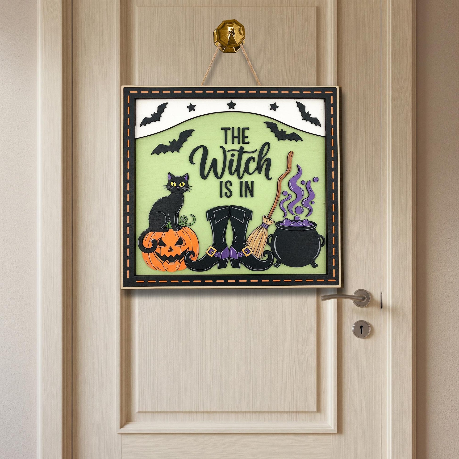 The Witch Is In 2 layer  Door Sign - Halloween Witch Decor - Black Cat Broom Cauldron Wall Art - Spooky Fall Door Hanger