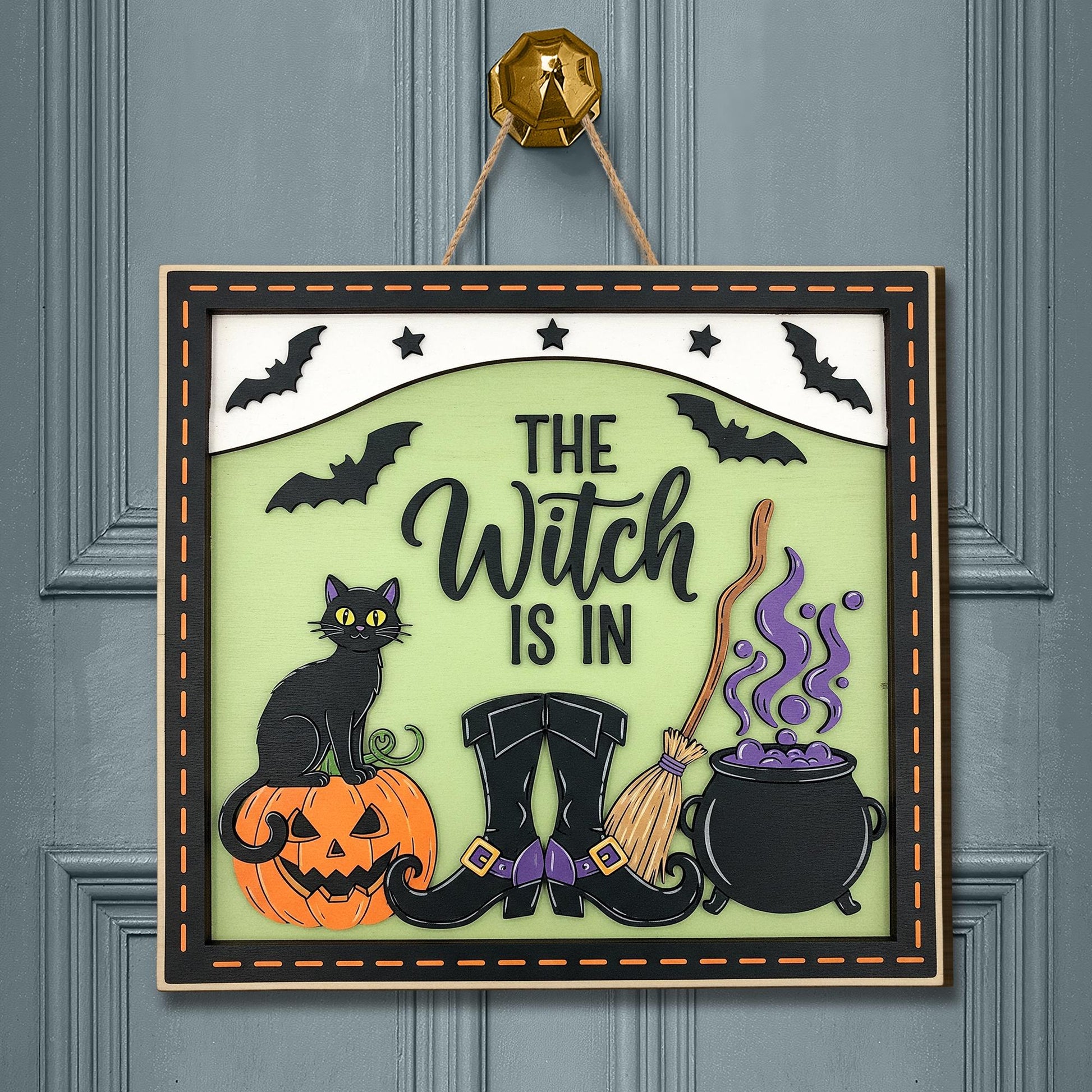 The Witch Is In 2 layer  Door Sign - Halloween Witch Decor - Black Cat Broom Cauldron Wall Art - Spooky Fall Door Hanger