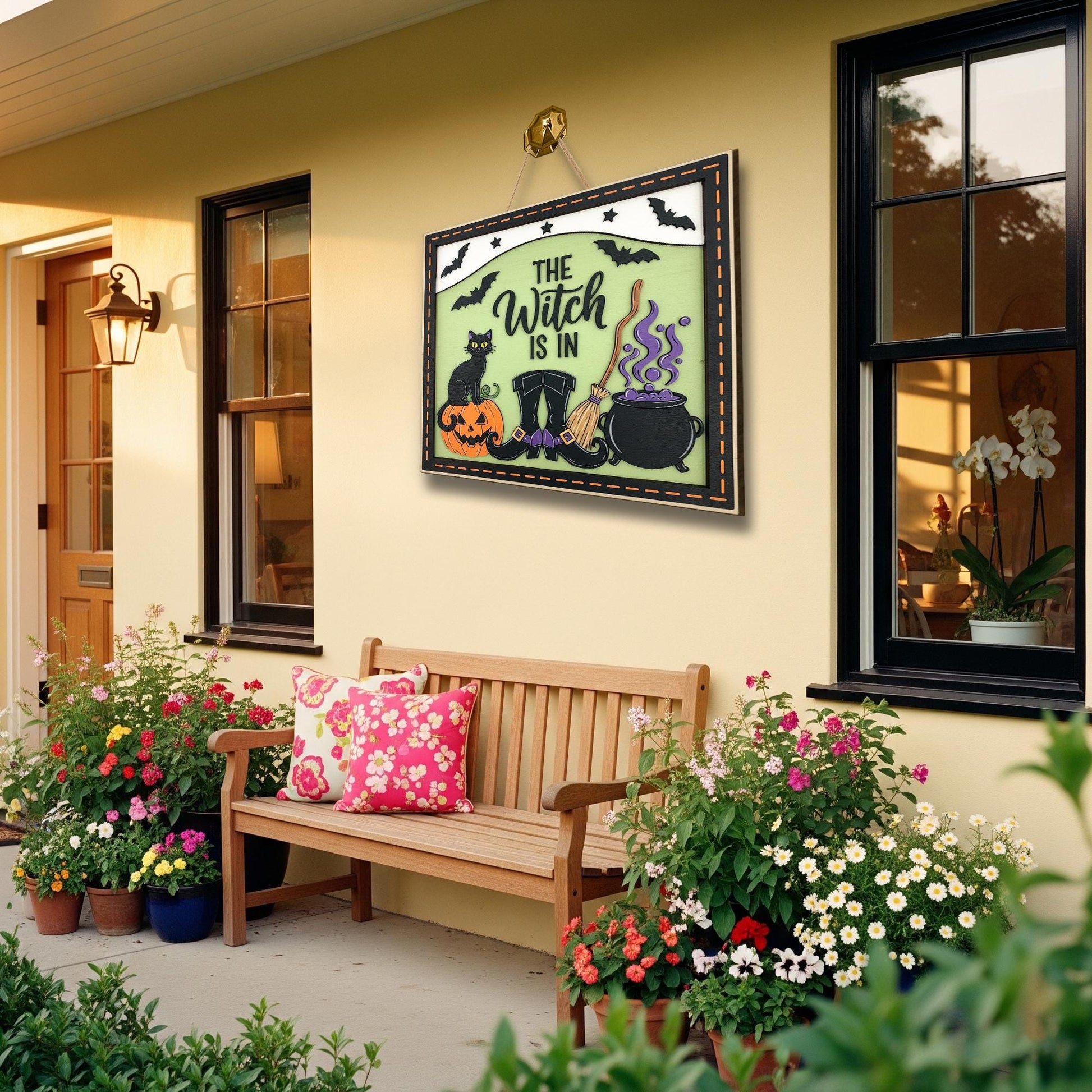 The Witch Is In 2 layer  Door Sign - Halloween Witch Decor - Black Cat Broom Cauldron Wall Art - Spooky Fall Door Hanger