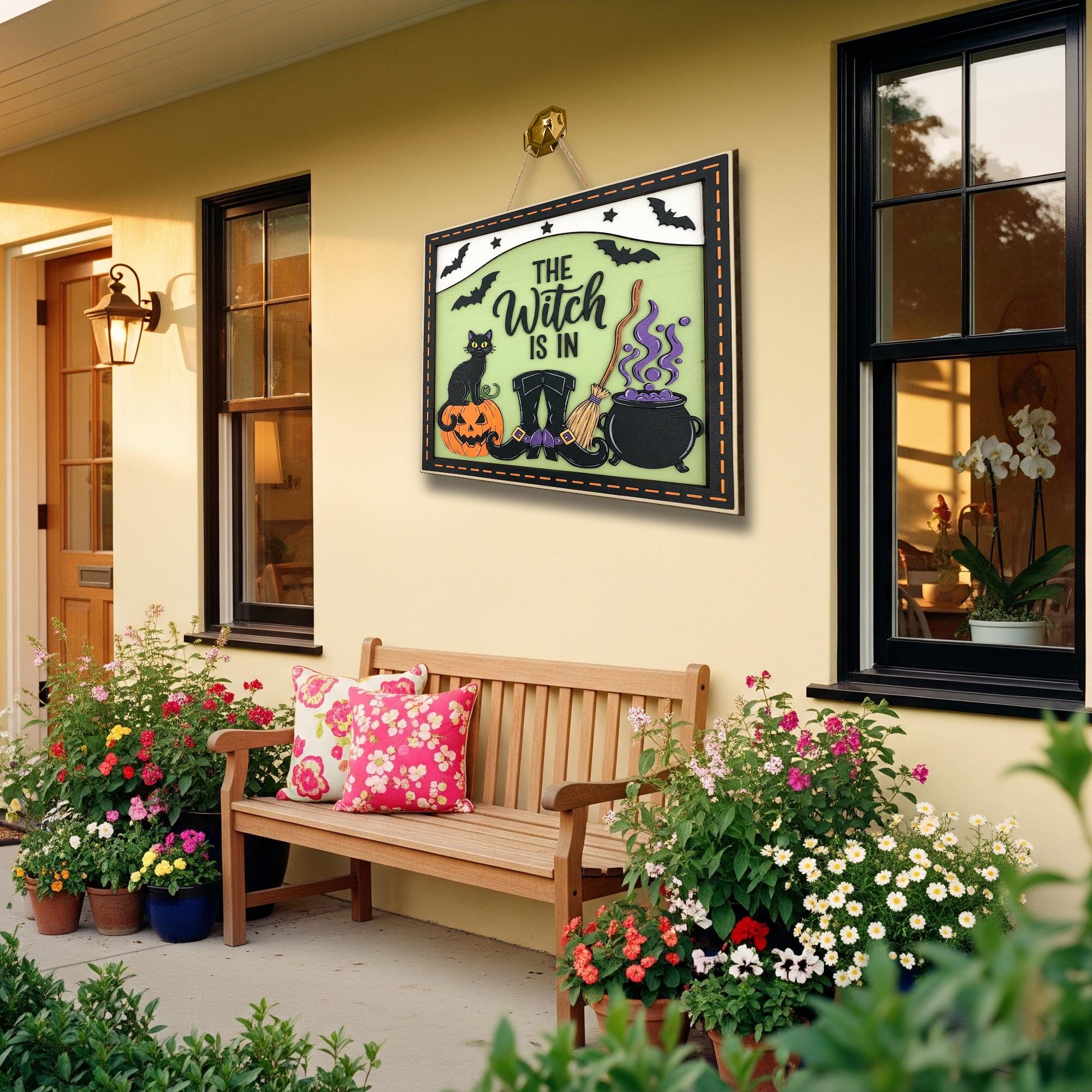 The Witch Is In 2 layer  Door Sign - Halloween Witch Decor - Black Cat Broom Cauldron Wall Art - Spooky Fall Door Hanger
