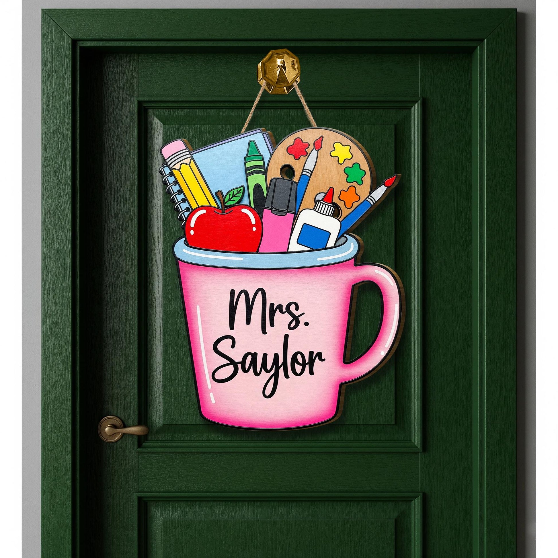 Personalized Teacher Door Sign – Custom Pink Tumbler Mug Classroom Decor – Back to School Gift for Teachers – Art & School Supplies Design