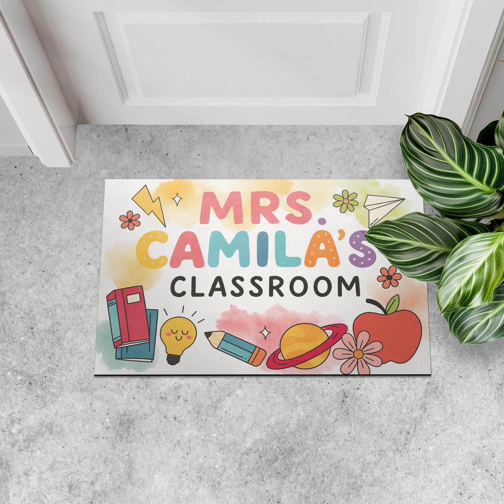 Personalized Teacher Doormat - Custom Classroom Rug with Name and Cute School Icons, Back to School Welcome Mat, Teacher Gift, Fun Teacher