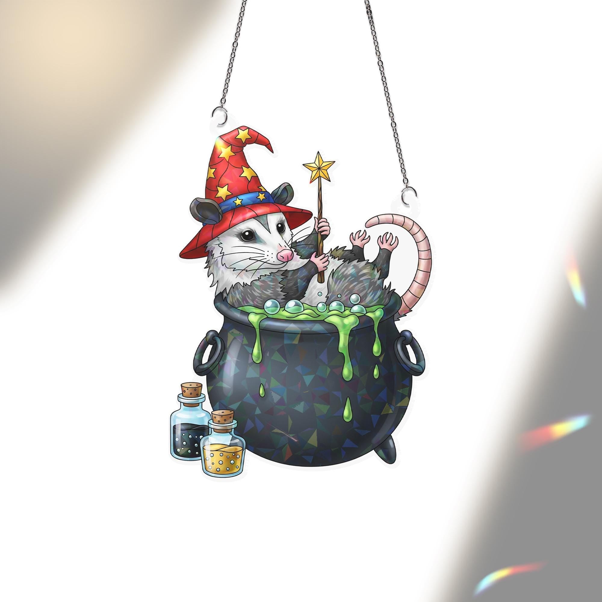Adorable Witchy Opossum Cauldron Ornament | Wizard Possum Decor | Magical Animal Hanging Art | Unique Gift