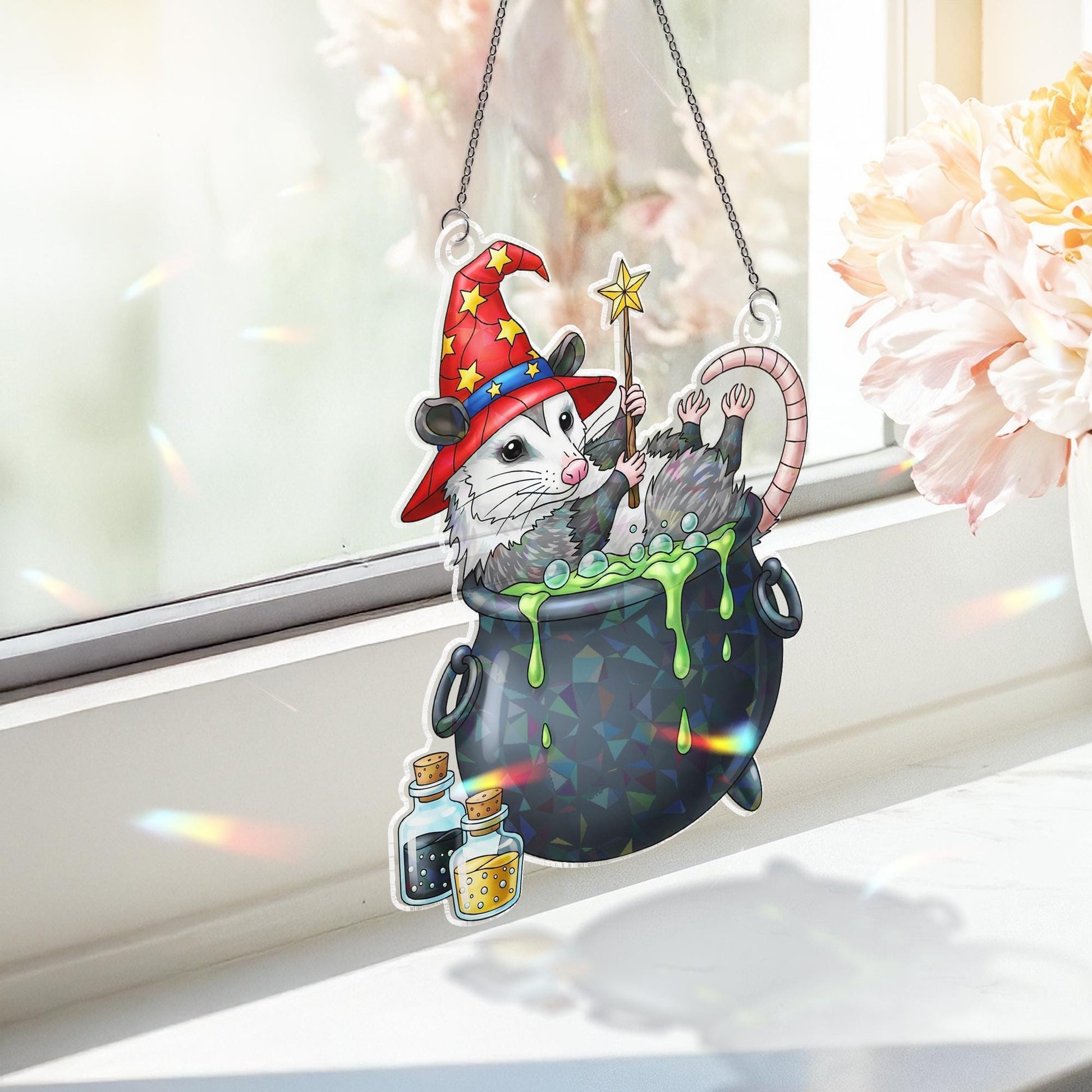 Adorable Witchy Opossum Cauldron Ornament | Wizard Possum Decor | Magical Animal Hanging Art | Unique Gift