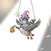 Magical Raccoon Riding Goose Ornament | Witchy Animal Halloween Decor | Fantasy Flying Duo Art | Unique Gift