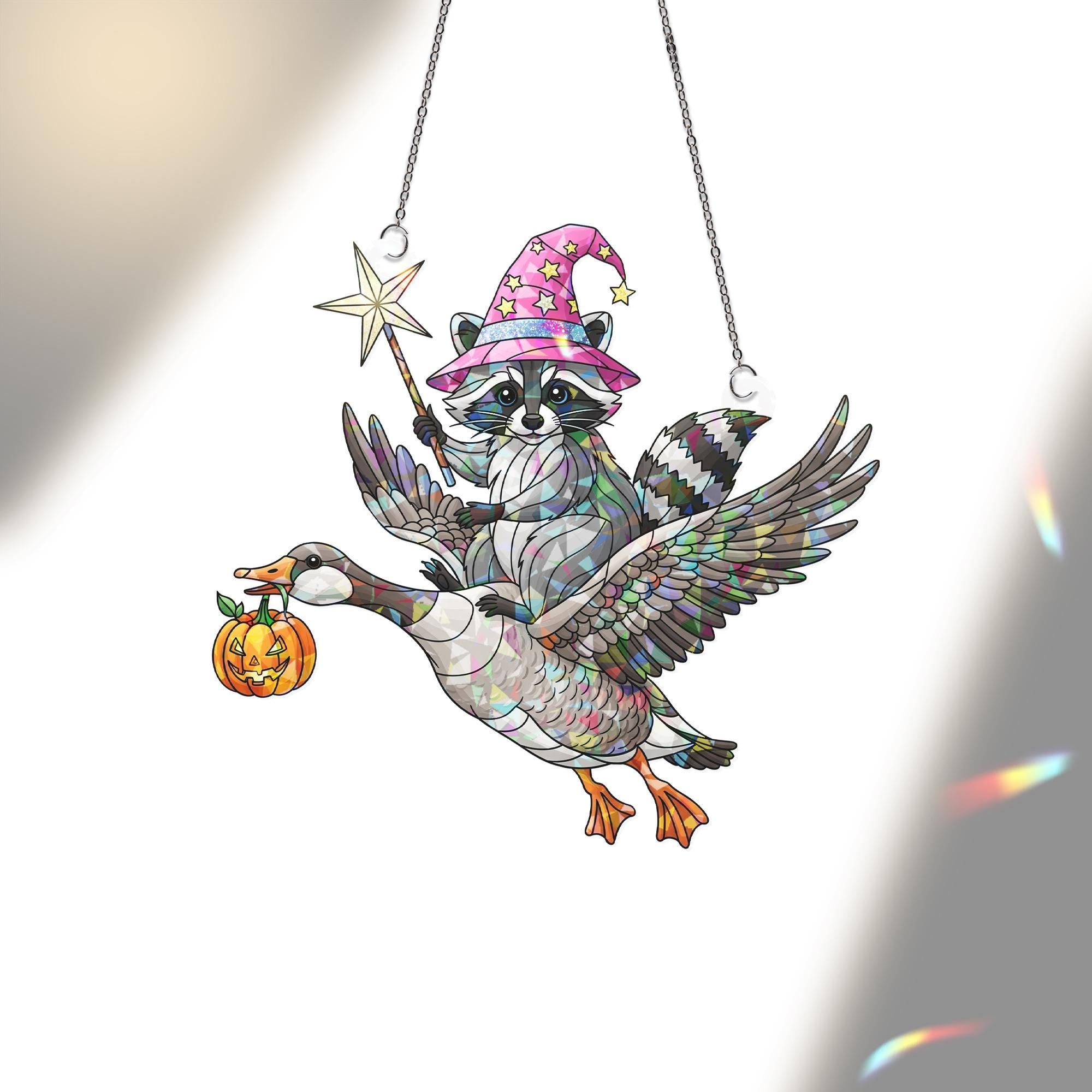 Magical Raccoon Riding Goose Ornament | Witchy Animal Halloween Decor | Fantasy Flying Duo Art | Unique Gift