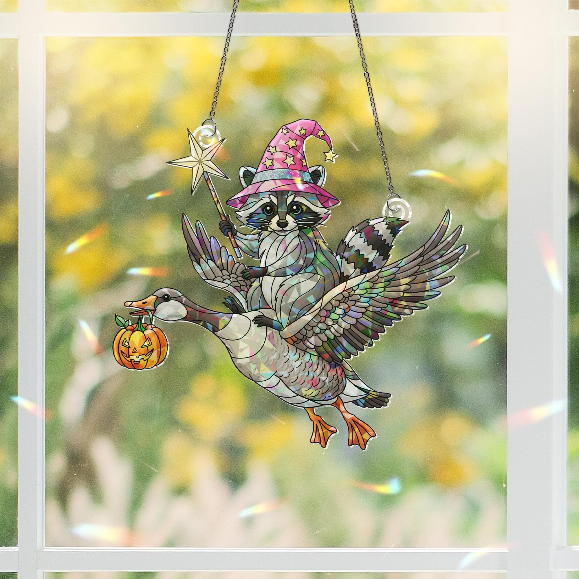 Magical Raccoon Riding Goose Ornament | Witchy Animal Halloween Decor | Fantasy Flying Duo Art | Unique Gift