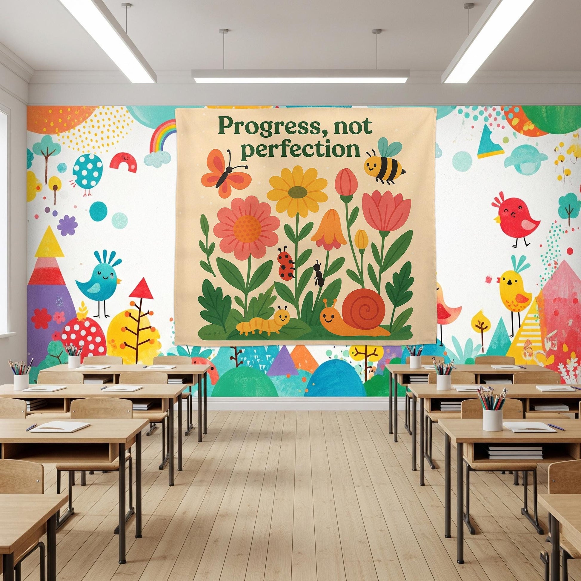 Progress Not Perfection Tapestry, Motivational Speech Room Wall Decor, Nature Bug Theme SLP Banner, Classroom Therapy Sign