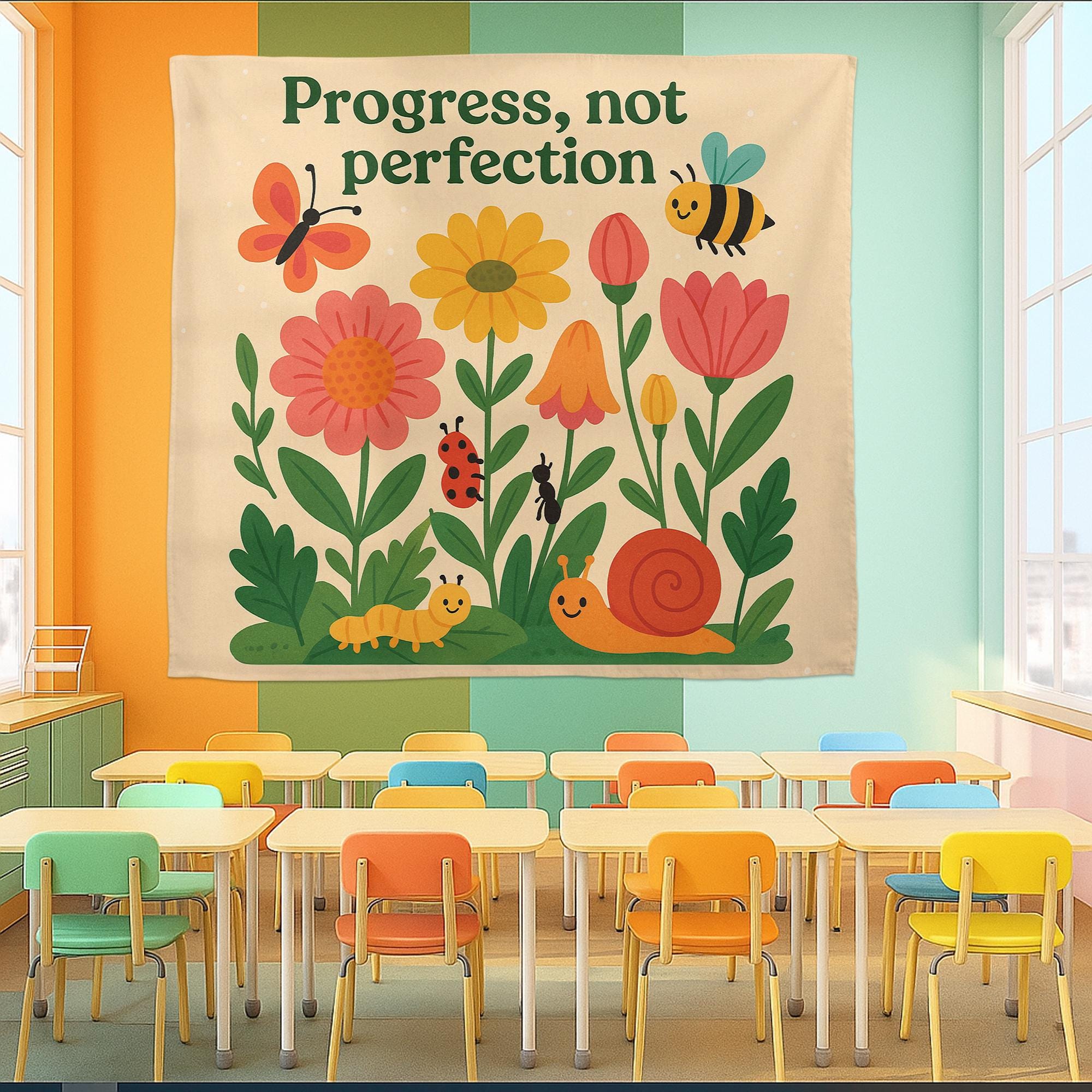 Progress Not Perfection Tapestry, Motivational Speech Room Wall Decor, Nature Bug Theme SLP Banner, Classroom Therapy Sign