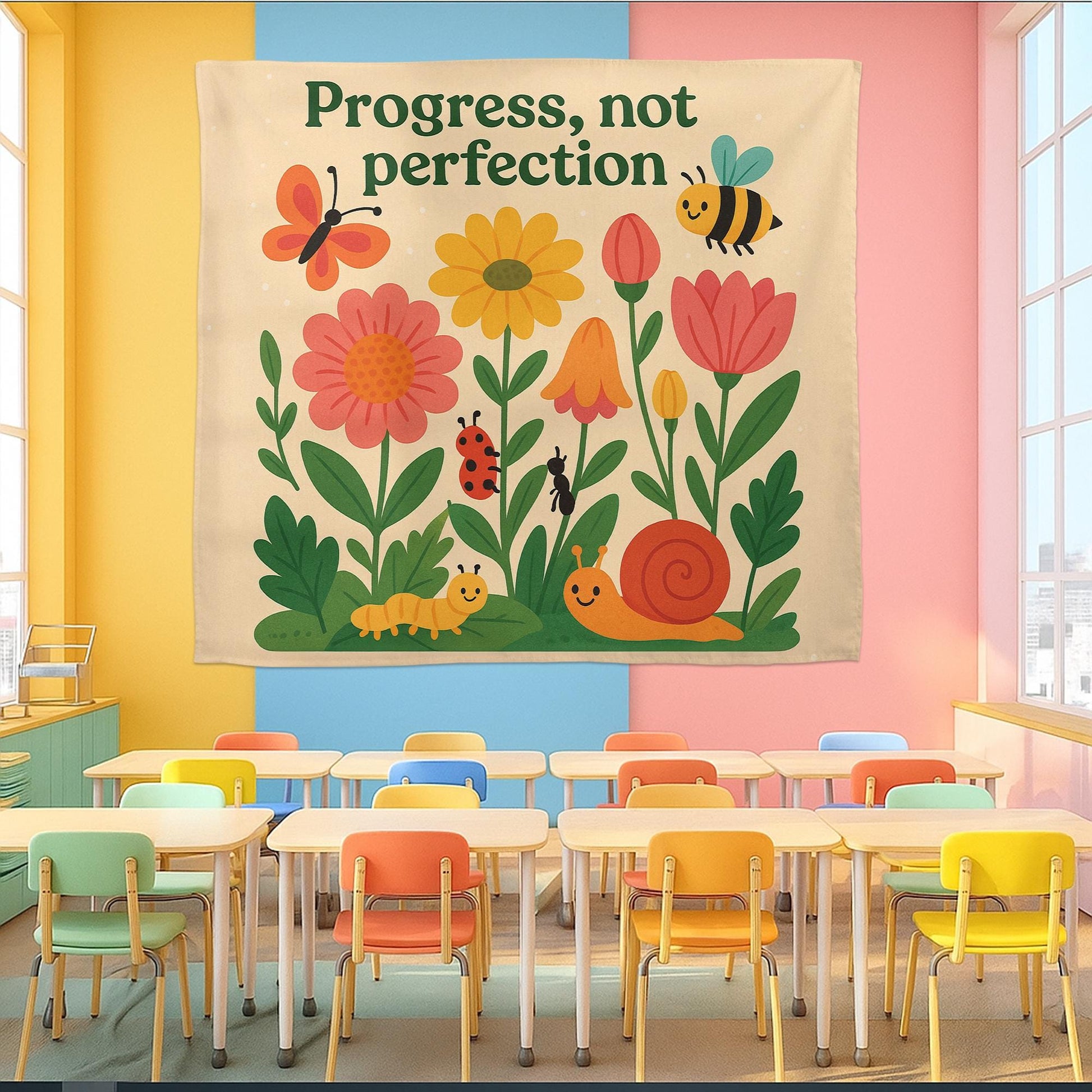 Progress Not Perfection Tapestry, Motivational Speech Room Wall Decor, Nature Bug Theme SLP Banner, Classroom Therapy Sign