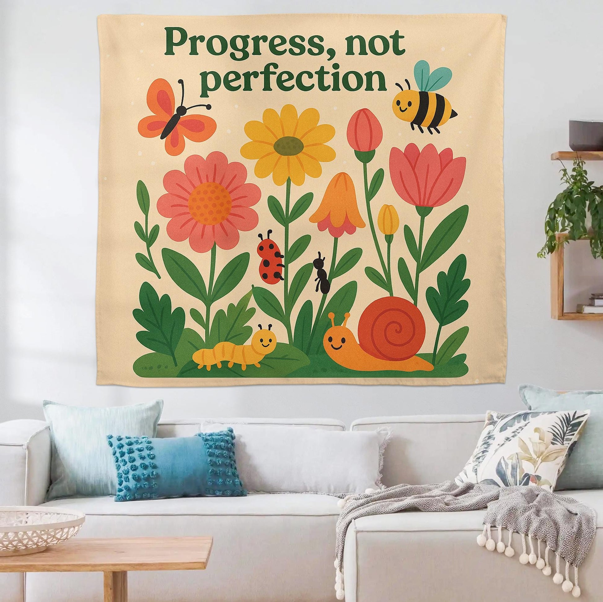 Progress Not Perfection Tapestry, Motivational Speech Room Wall Decor, Nature Bug Theme SLP Banner, Classroom Therapy Sign