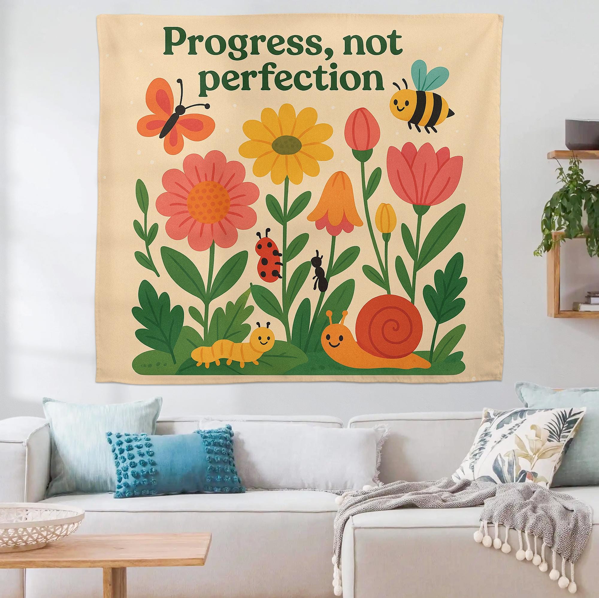 Progress Not Perfection Tapestry, Motivational Speech Room Wall Decor, Nature Bug Theme SLP Banner, Classroom Therapy Sign