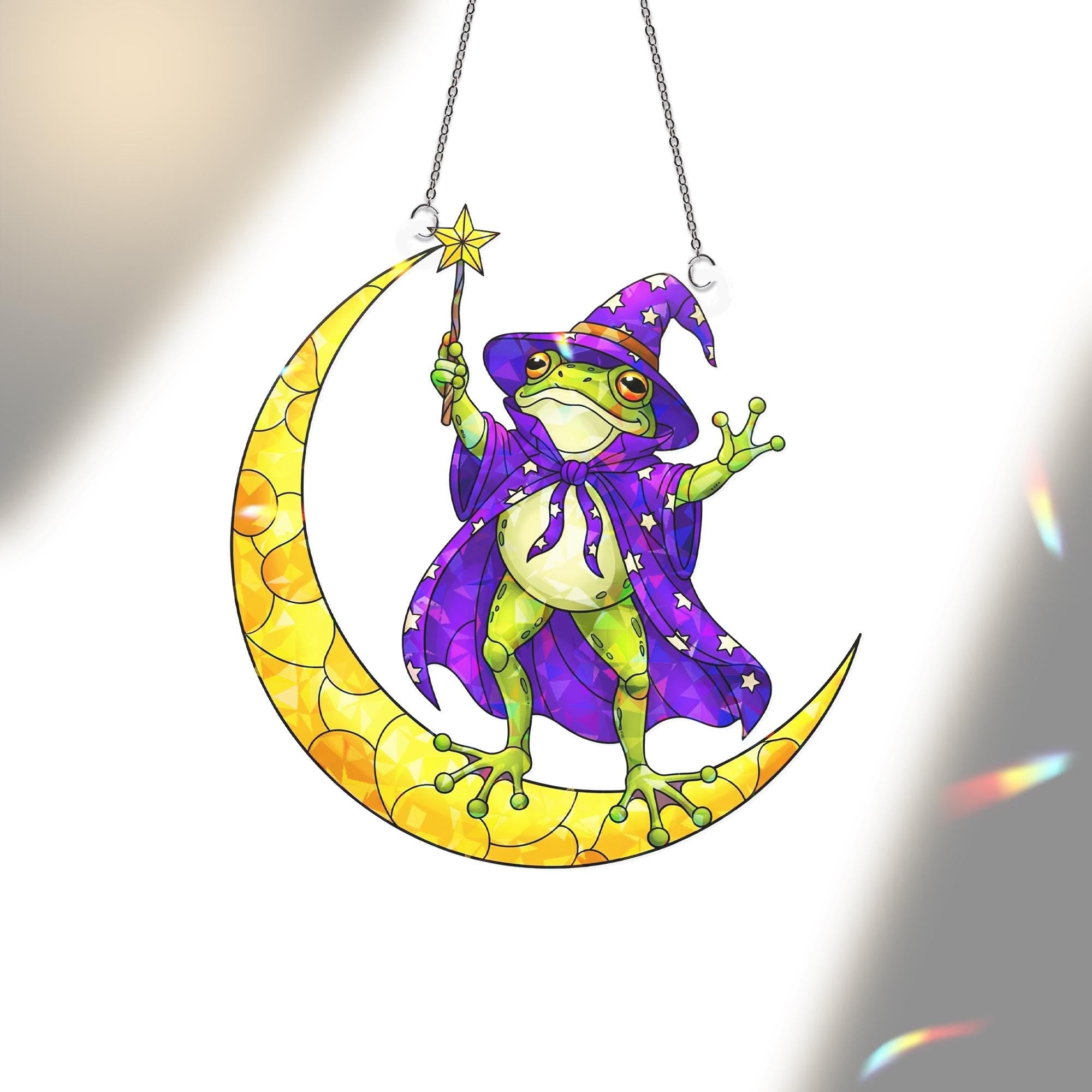 Magical Wizard Frog on Moon Ornament | Witchy Fantasy Decor | Celestial Animal Art | Cute Sorcerer Gift