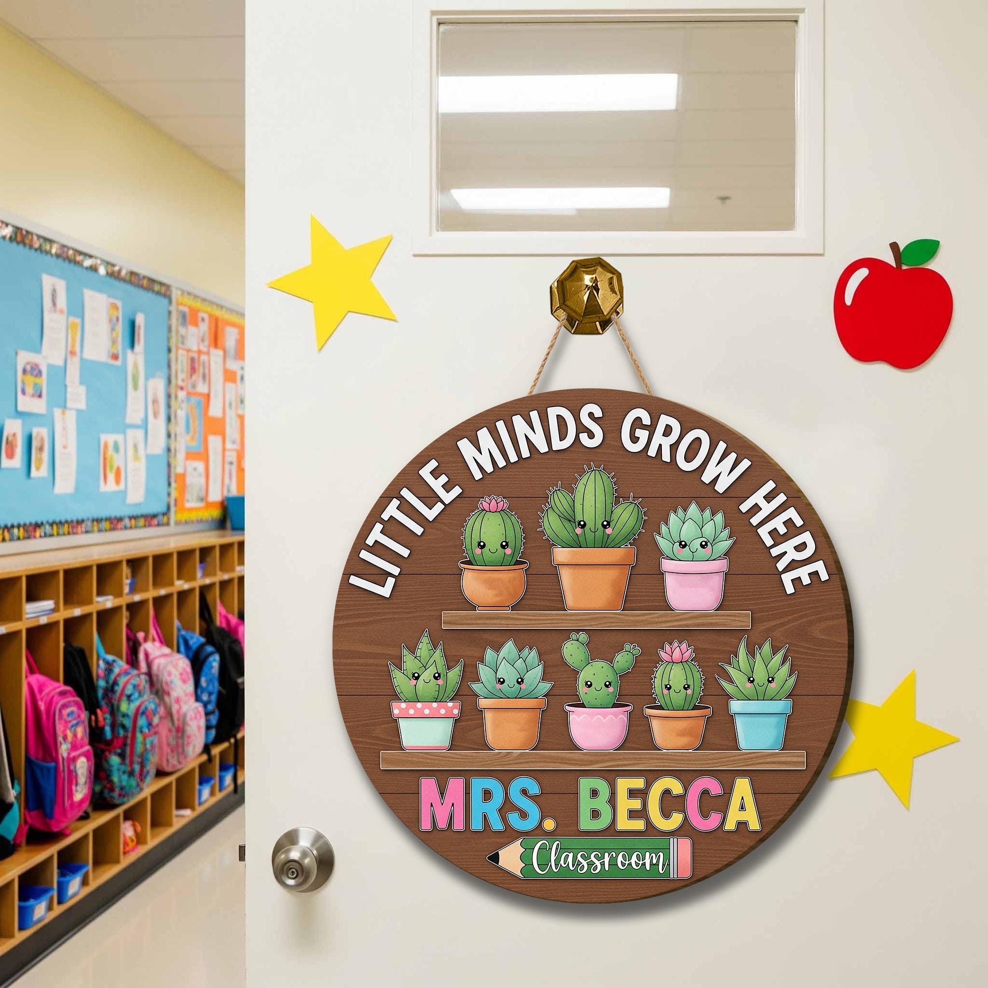 Little Minds Grow Here Teacher Sign – Personalized Classroom Door Decor with Cute Cactus – Custom Back to School Gift, Pre-K Door Sign