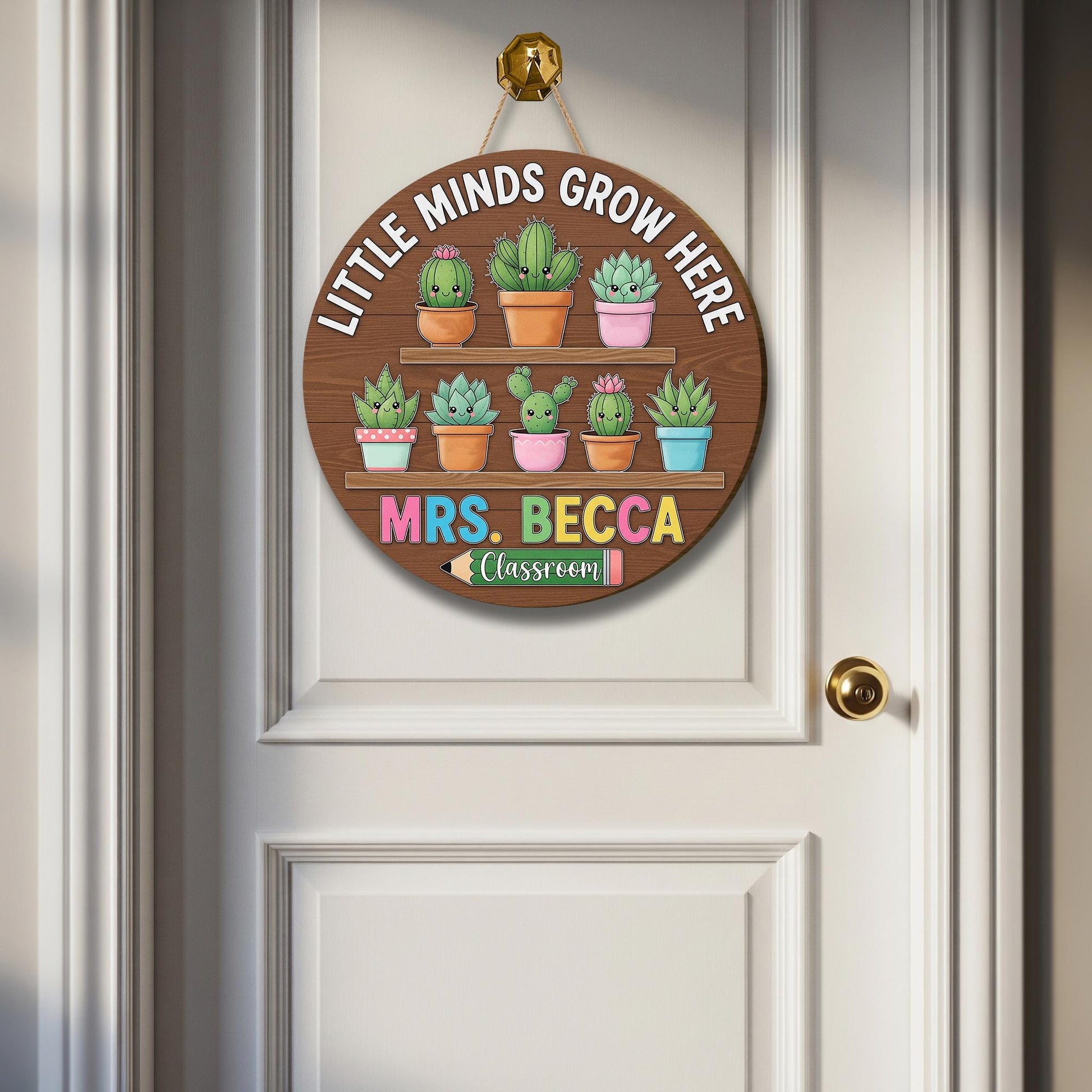 Little Minds Grow Here Teacher Sign – Personalized Classroom Door Decor with Cute Cactus – Custom Back to School Gift, Pre-K Door Sign