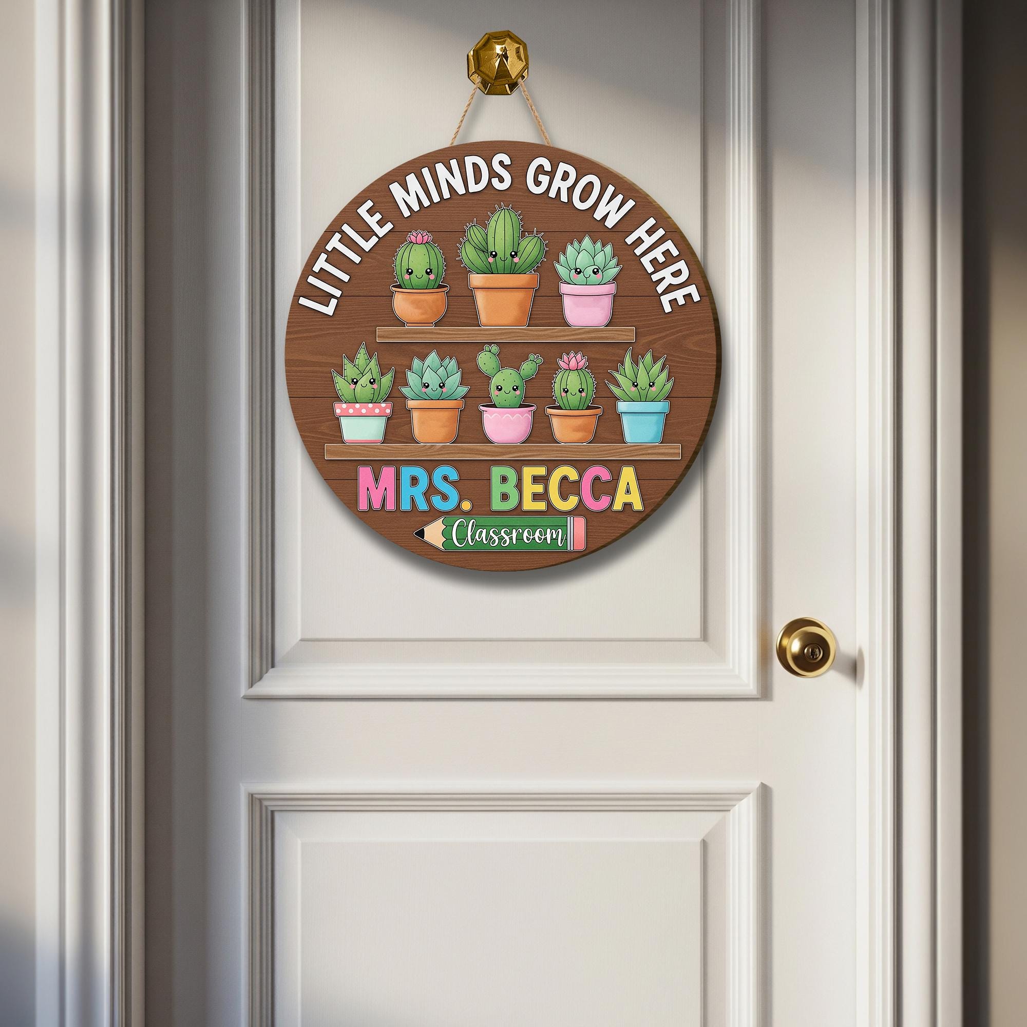 Little Minds Grow Here Teacher Sign – Personalized Classroom Door Decor with Cute Cactus – Custom Back to School Gift, Pre-K Door Sign