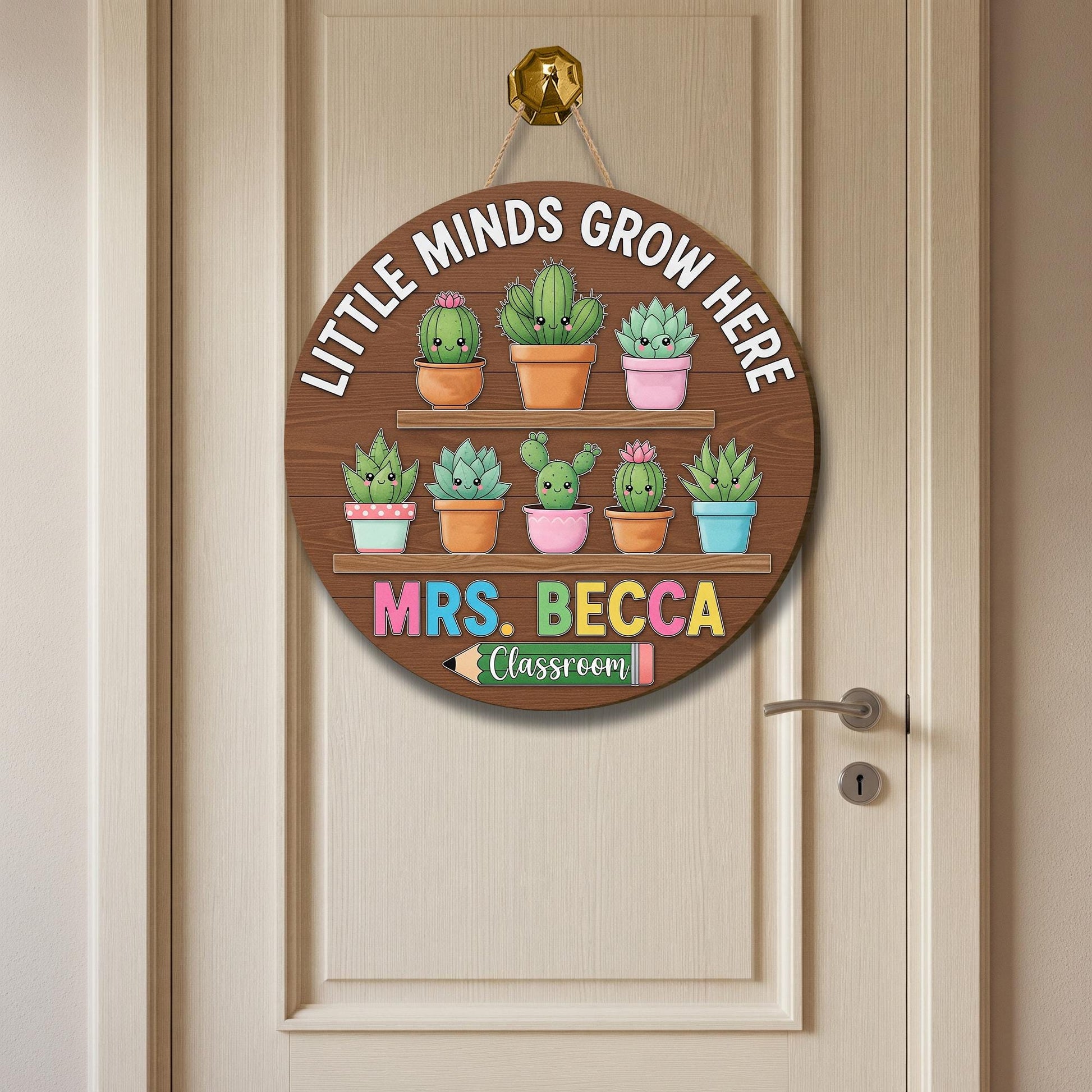 Little Minds Grow Here Teacher Sign – Personalized Classroom Door Decor with Cute Cactus – Custom Back to School Gift, Pre-K Door Sign