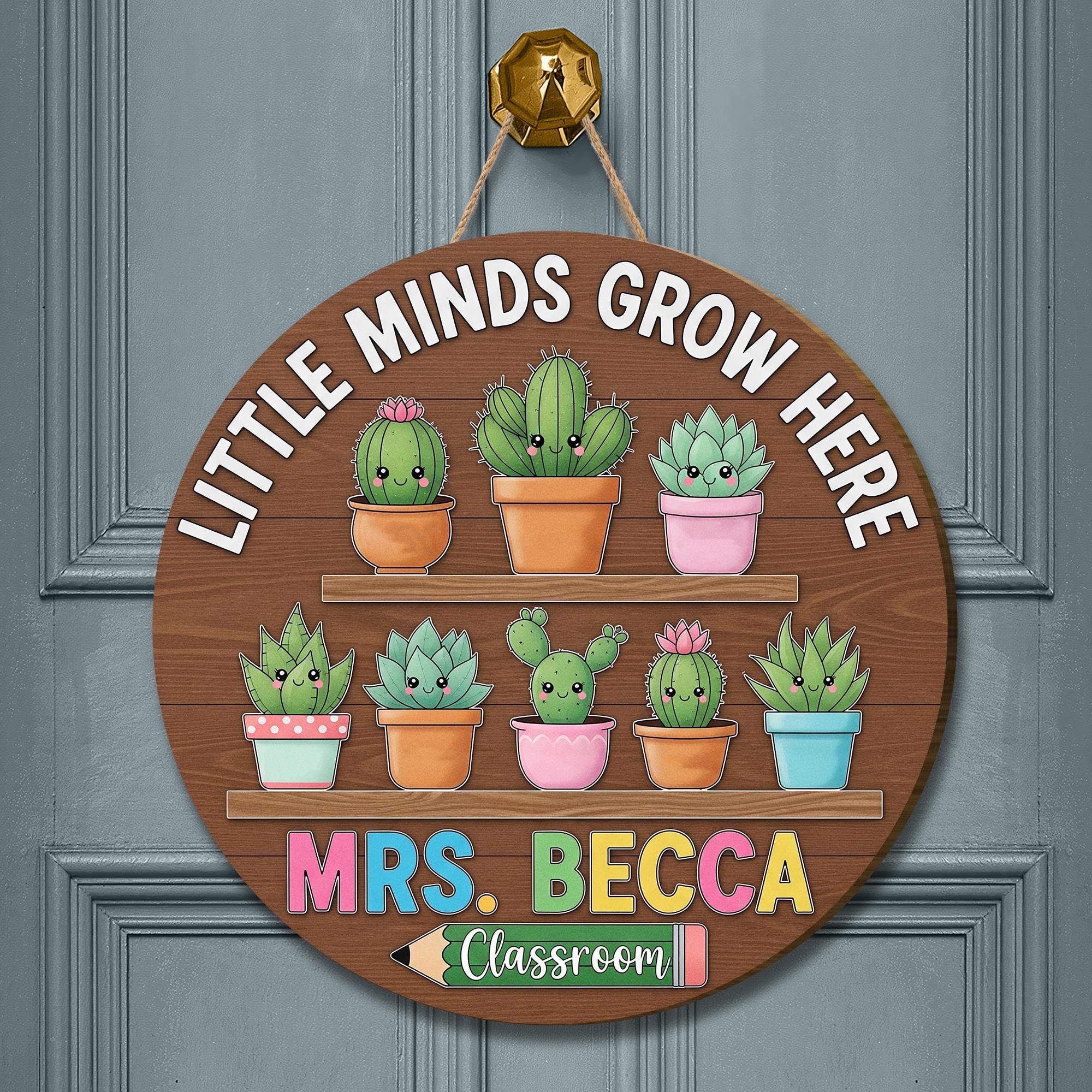 Little Minds Grow Here Teacher Sign – Personalized Classroom Door Decor with Cute Cactus – Custom Back to School Gift, Pre-K Door Sign