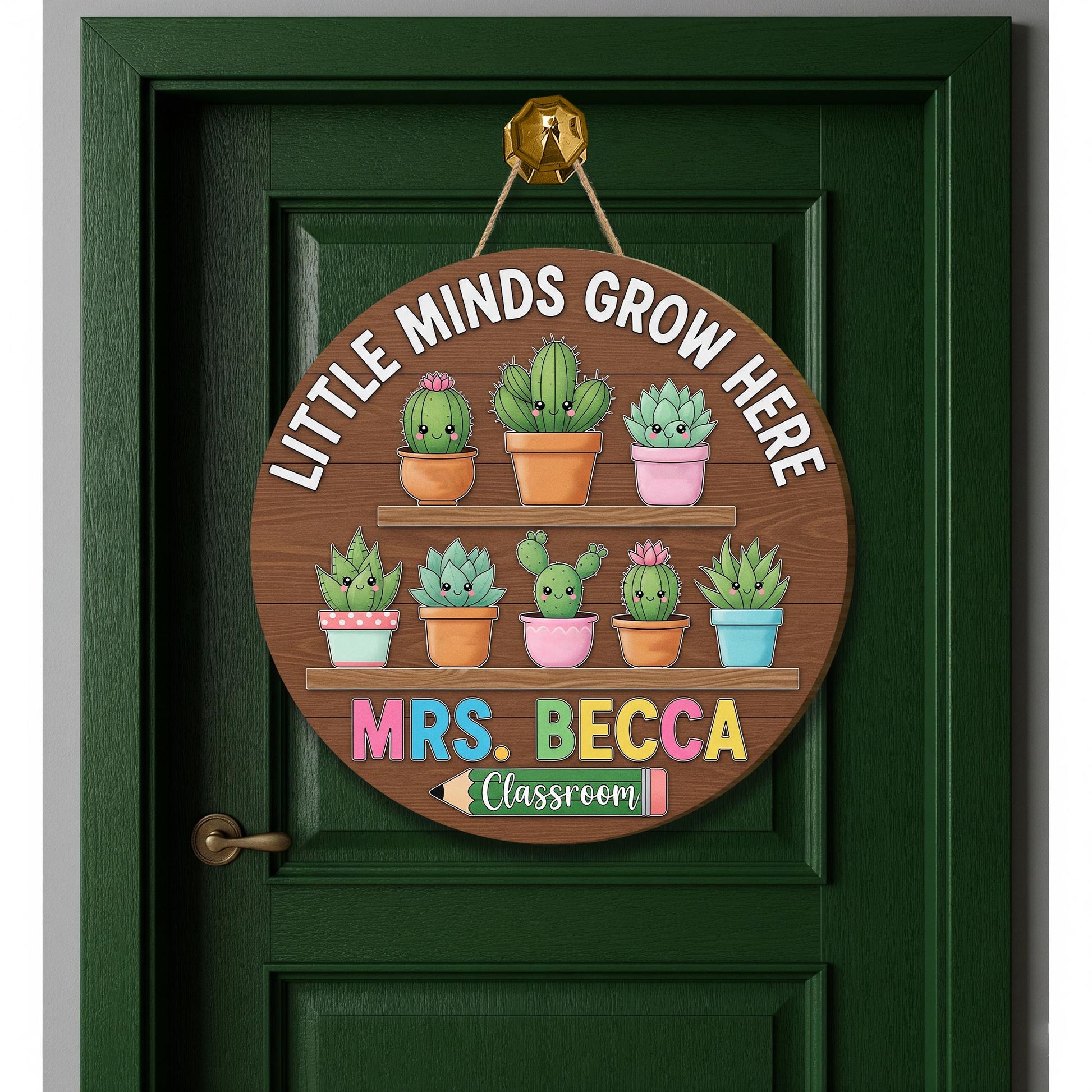 Little Minds Grow Here Teacher Sign – Personalized Classroom Door Decor with Cute Cactus – Custom Back to School Gift, Pre-K Door Sign