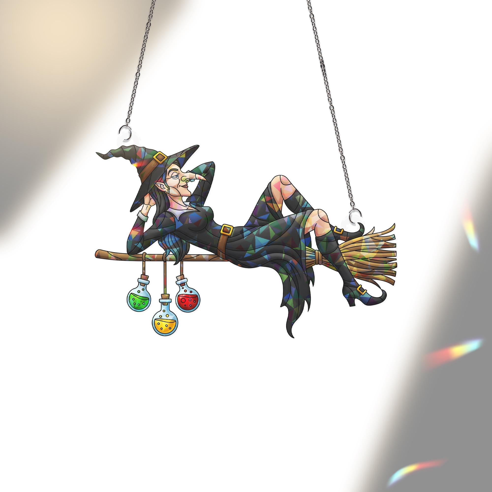 Relaxing Witch on Broom Ornament | Halloween Decor | Unique Spooky Art | Mystical Home Accent | Quirky Gift