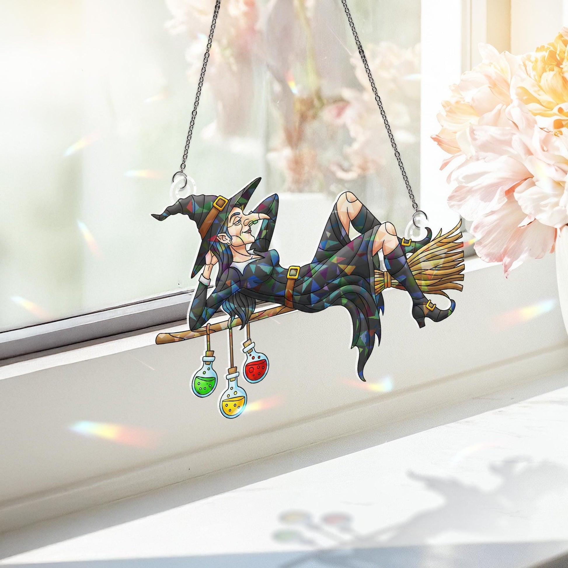Relaxing Witch on Broom Ornament | Halloween Decor | Unique Spooky Art | Mystical Home Accent | Quirky Gift