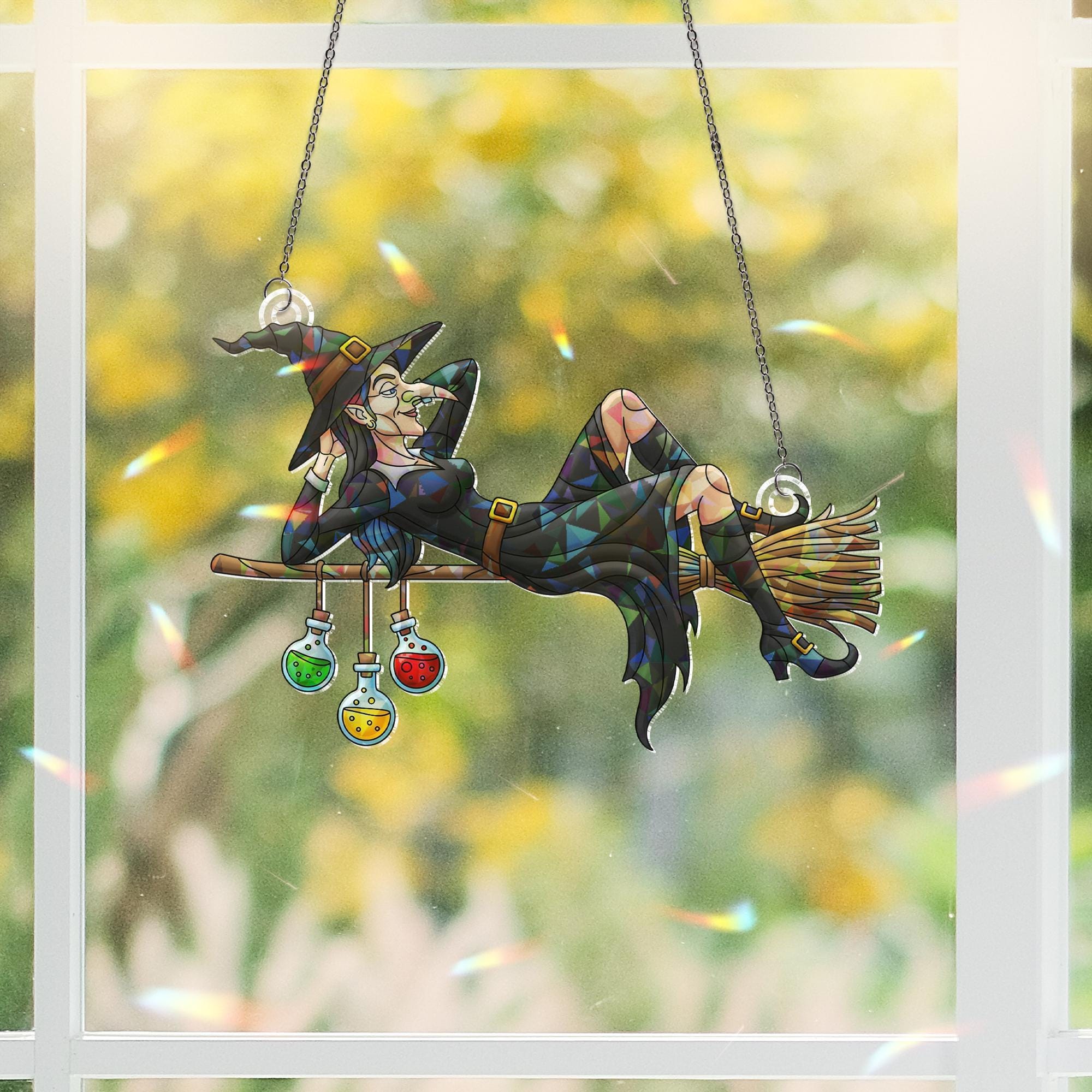 Relaxing Witch on Broom Ornament | Halloween Decor | Unique Spooky Art | Mystical Home Accent | Quirky Gift