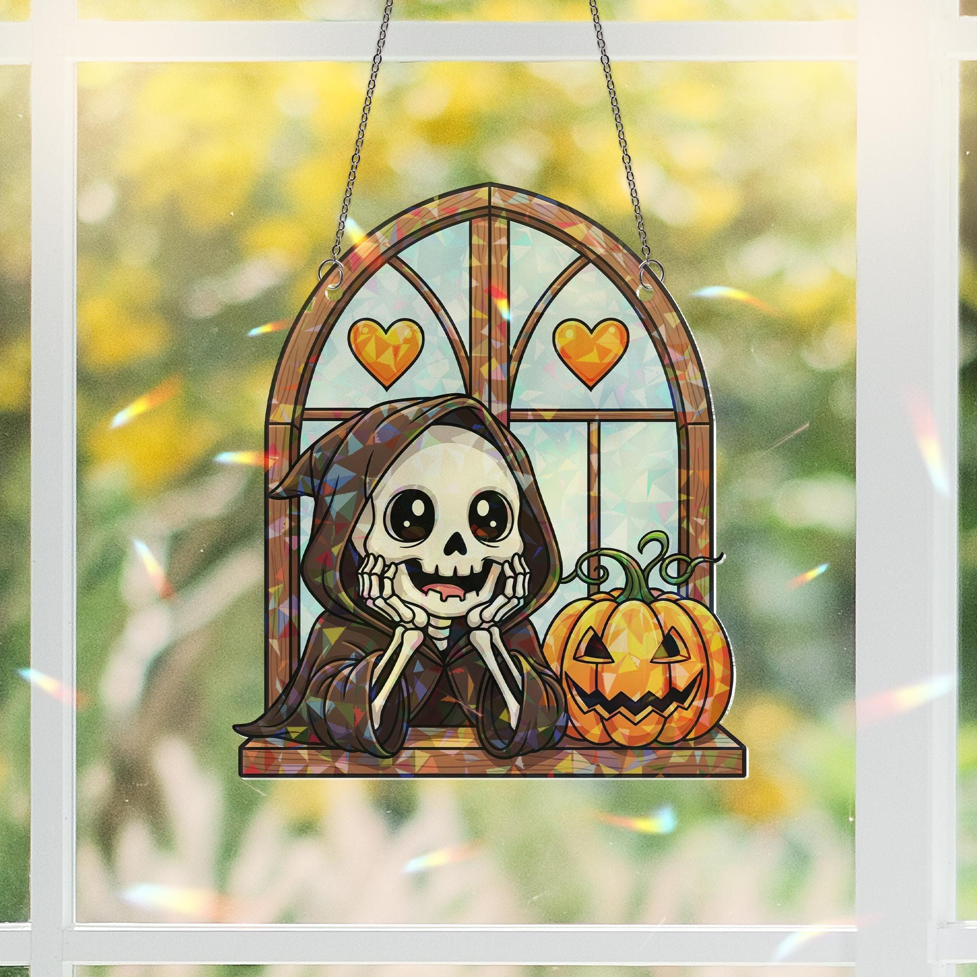 Adorable Chibi Grim Reaper Window Ornament | Cute Halloween Skeleton Decor | Spooky Kawaii Art | Unique Gift