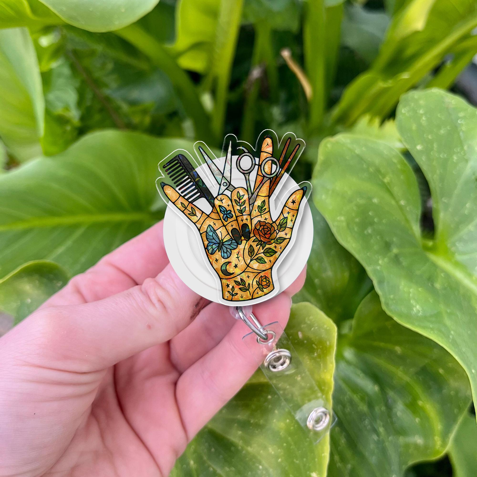 Hair Stylist Badge Reel – Floral Tattoo Hand ID Holder – Cute Salon Scissors Retractable Clip – Cosmetology Work Accessory Gift