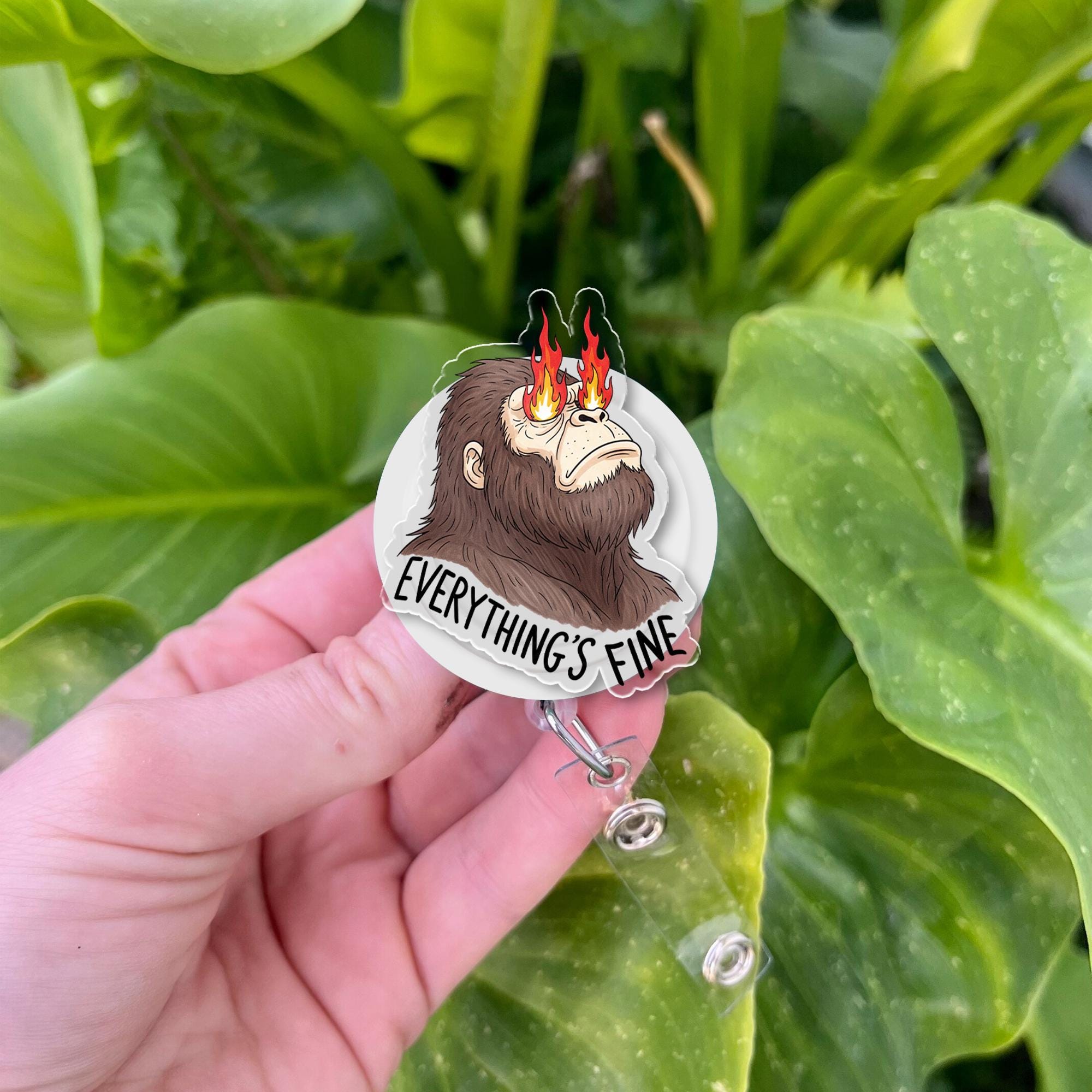 Sasquatch Badge Reel – Funny “Everything’s Fine” ID Holder, Bigfoot Fire Eyes Clip, Retractable Badge Humor for Nurses, Teachers, Office