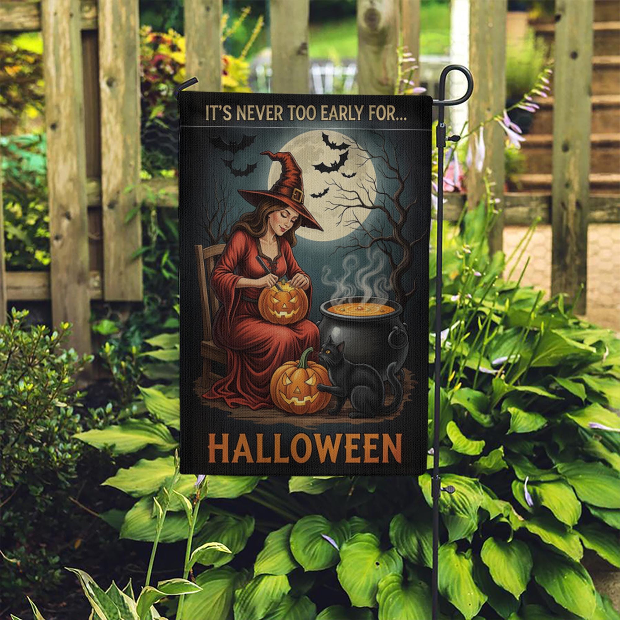 It’s Never Too Early for Halloween Flag – Witch Garden Flag with Pumpkins, Black Cat, and Moon, Spooky Fall Outdoor Yard Banner Decor