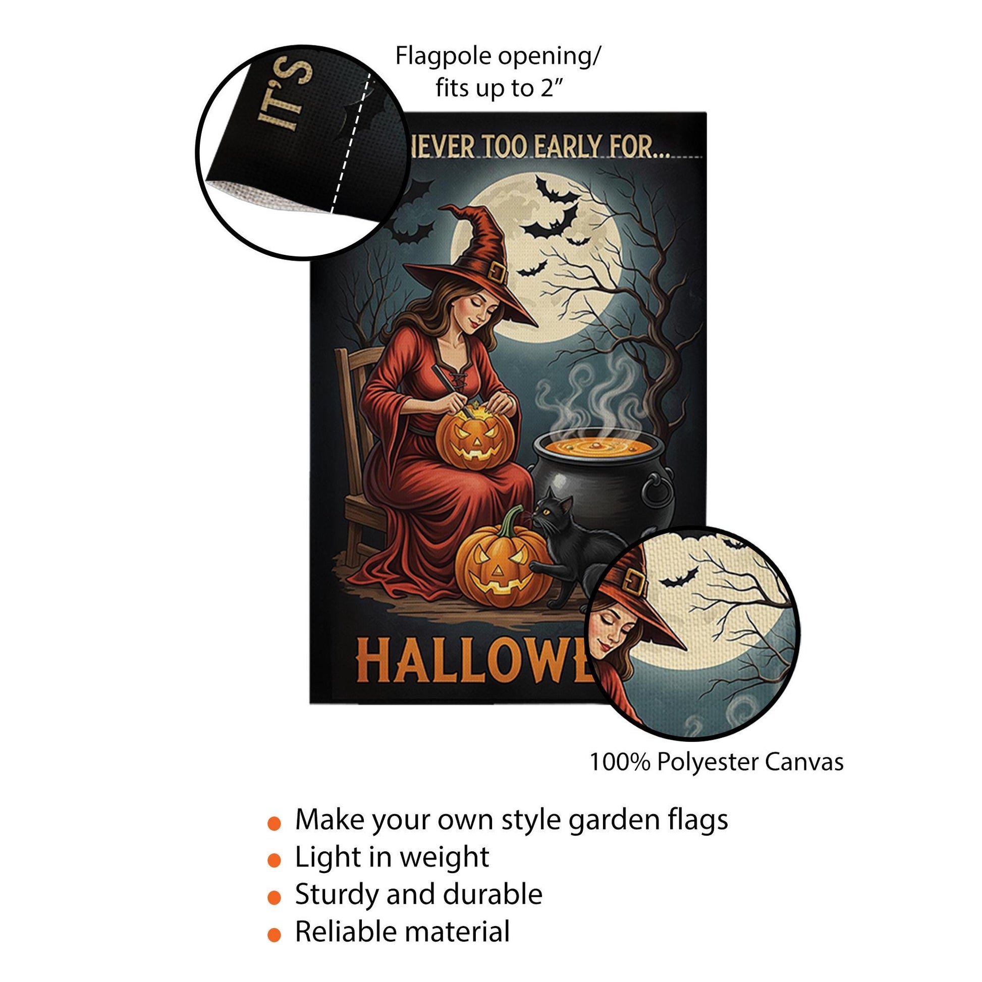 It’s Never Too Early for Halloween Flag – Witch Garden Flag with Pumpkins, Black Cat, and Moon, Spooky Fall Outdoor Yard Banner Decor