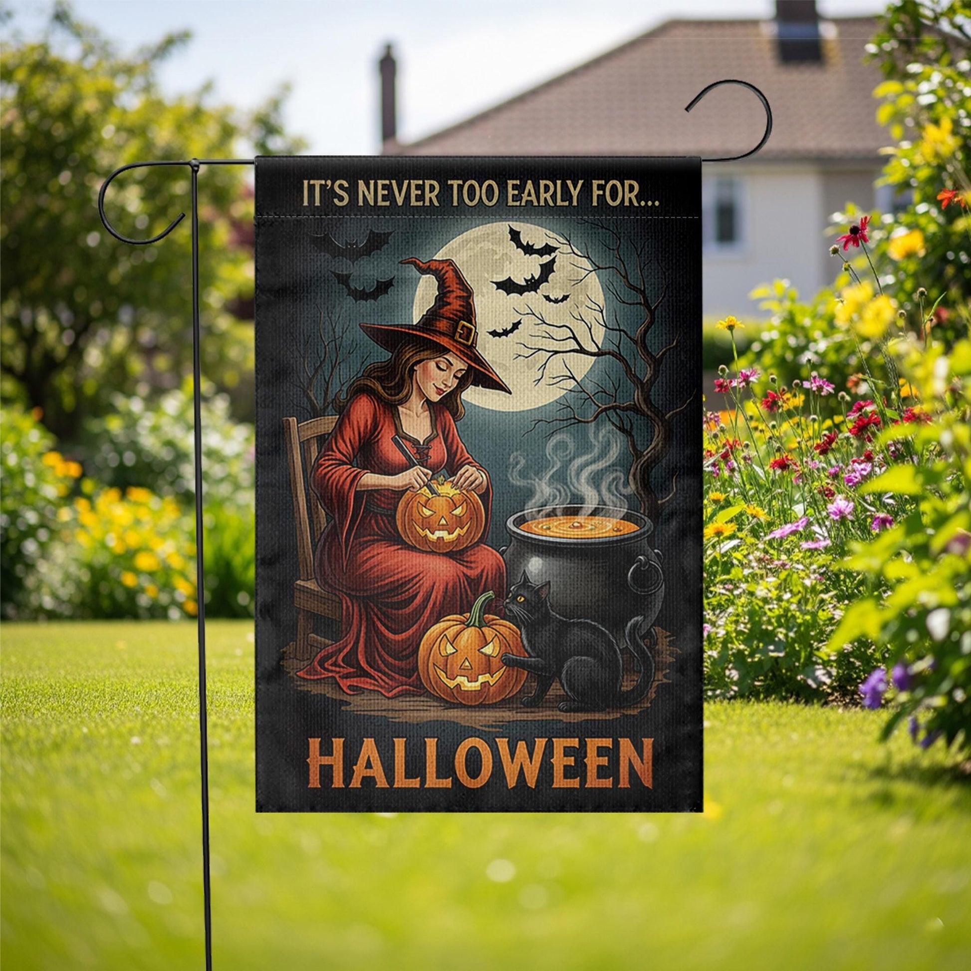 It’s Never Too Early for Halloween Flag – Witch Garden Flag with Pumpkins, Black Cat, and Moon, Spooky Fall Outdoor Yard Banner Decor