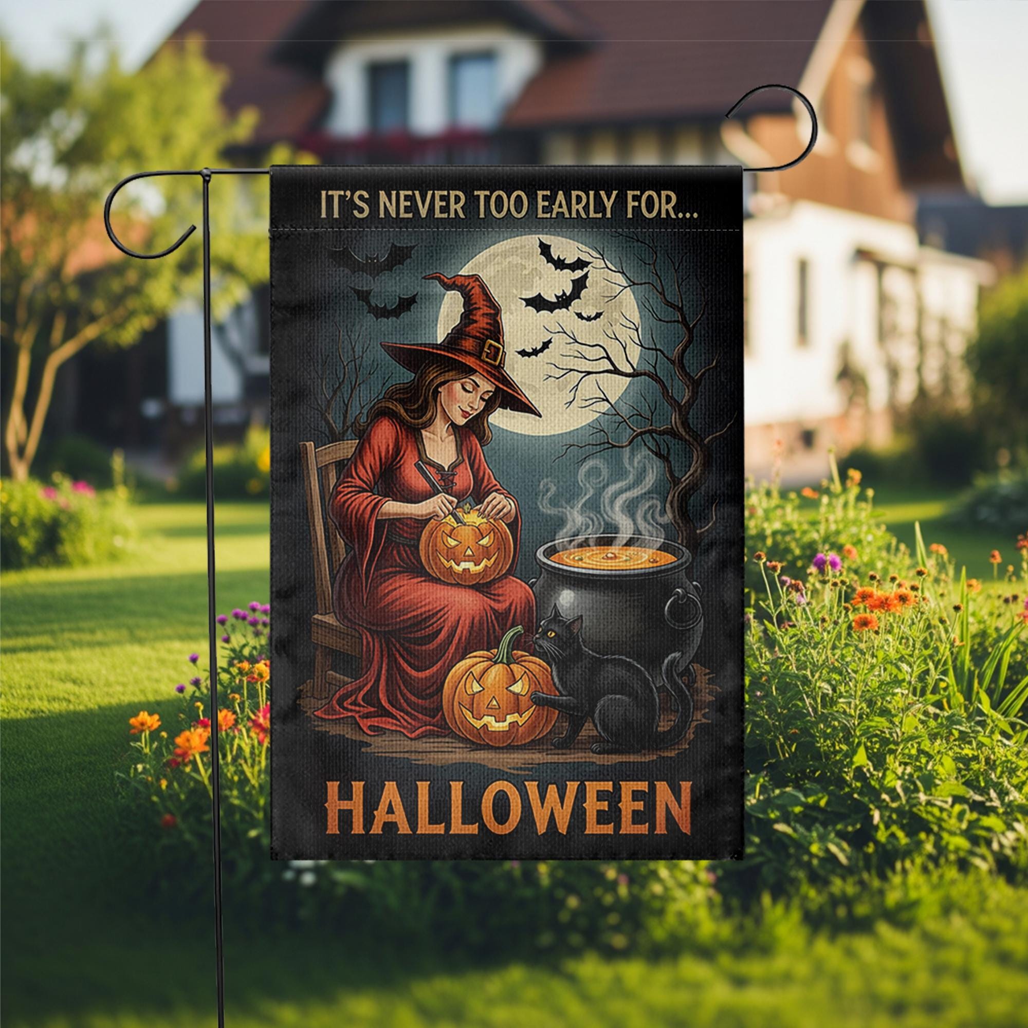It’s Never Too Early for Halloween Flag – Witch Garden Flag with Pumpkins, Black Cat, and Moon, Spooky Fall Outdoor Yard Banner Decor