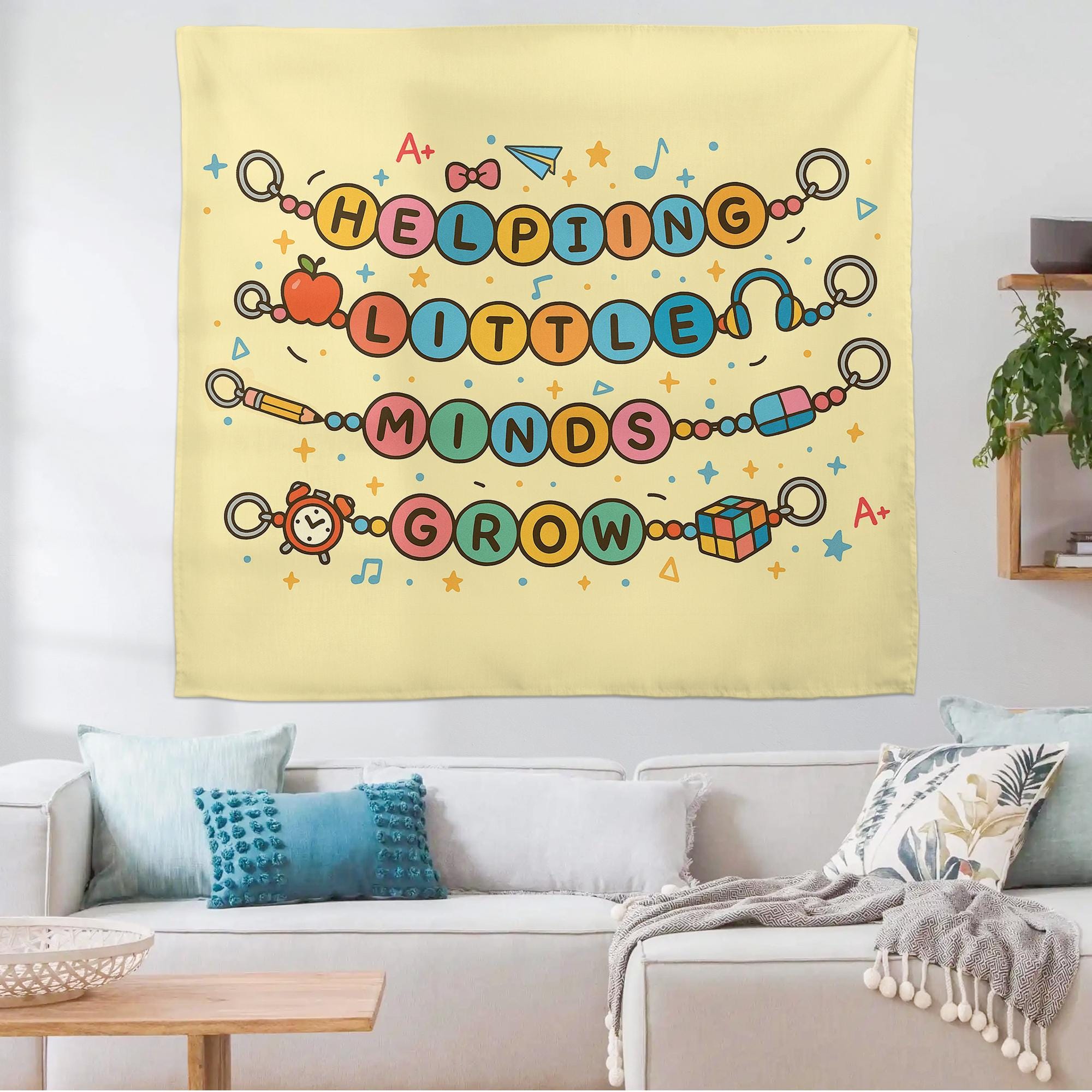 Helping Little Minds Grow Tapestry – Cute Teacher Classroom Wall Decor, Preschool Teacher Gift, Motivational School Banner