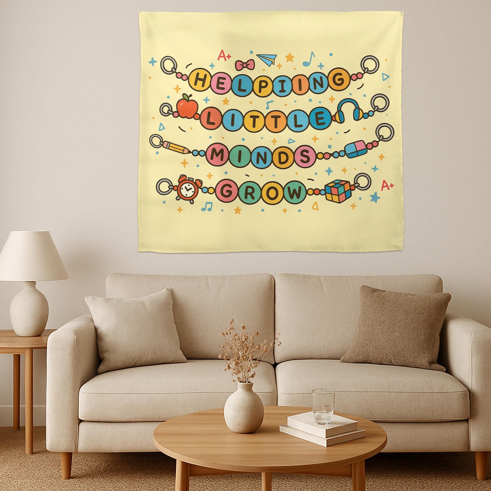 Helping Little Minds Grow Tapestry – Cute Teacher Classroom Wall Decor, Preschool Teacher Gift, Motivational School Banner