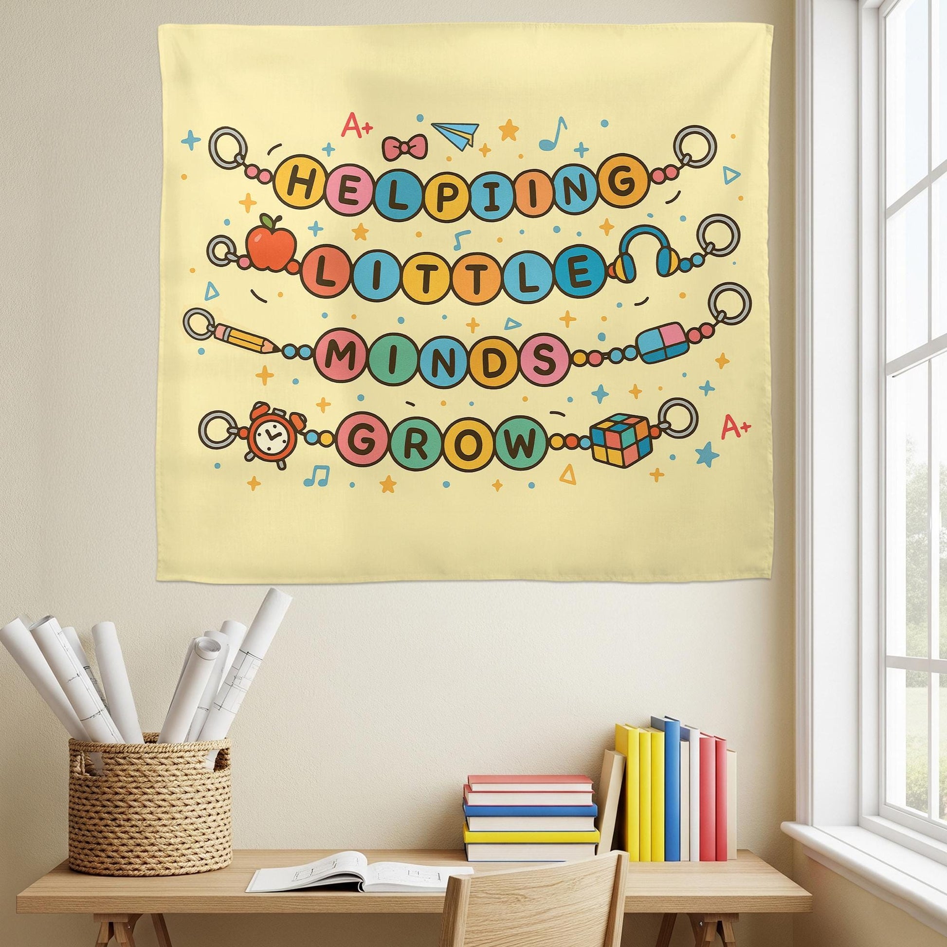 Helping Little Minds Grow Tapestry – Cute Teacher Classroom Wall Decor, Preschool Teacher Gift, Motivational School Banner
