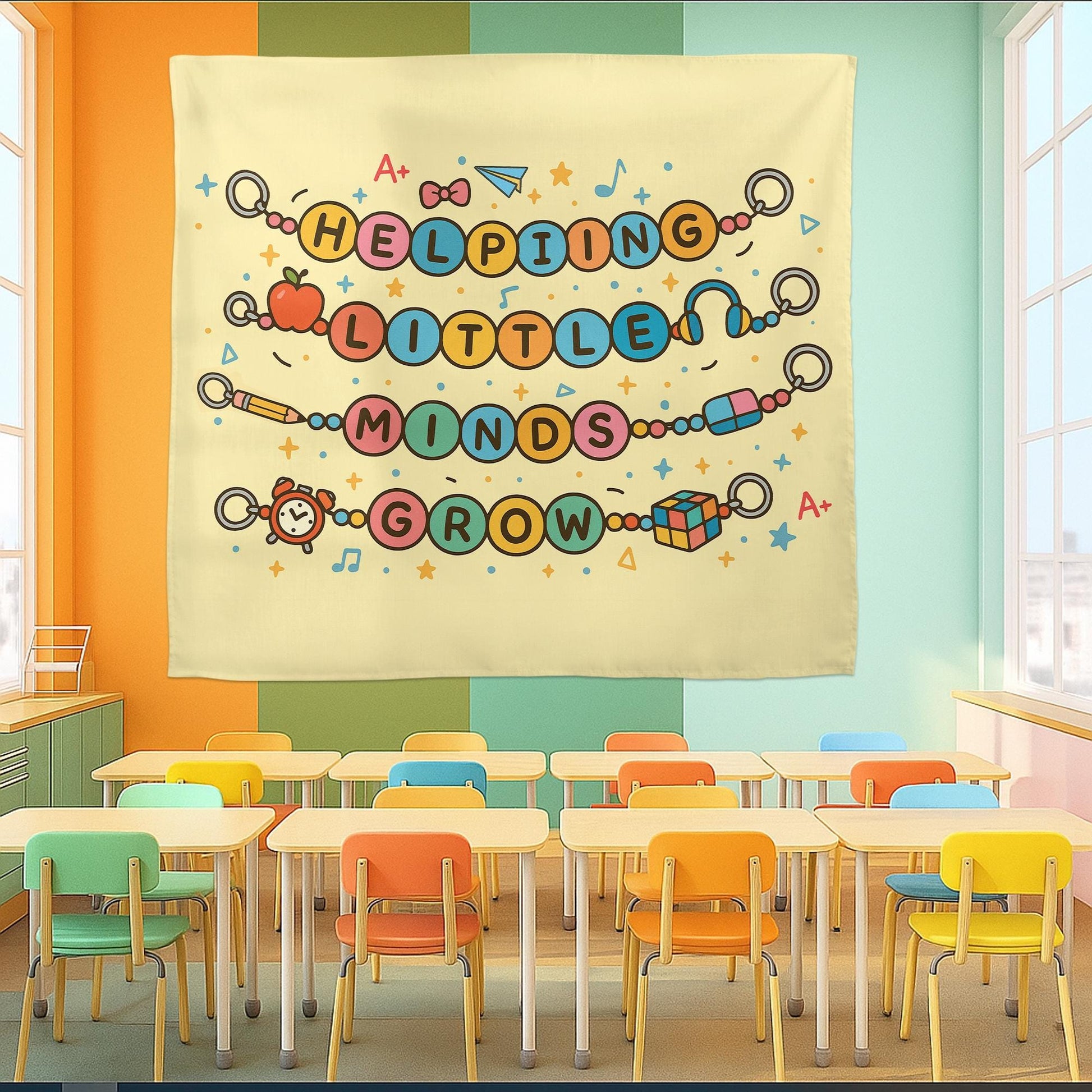 Helping Little Minds Grow Tapestry – Cute Teacher Classroom Wall Decor, Preschool Teacher Gift, Motivational School Banner