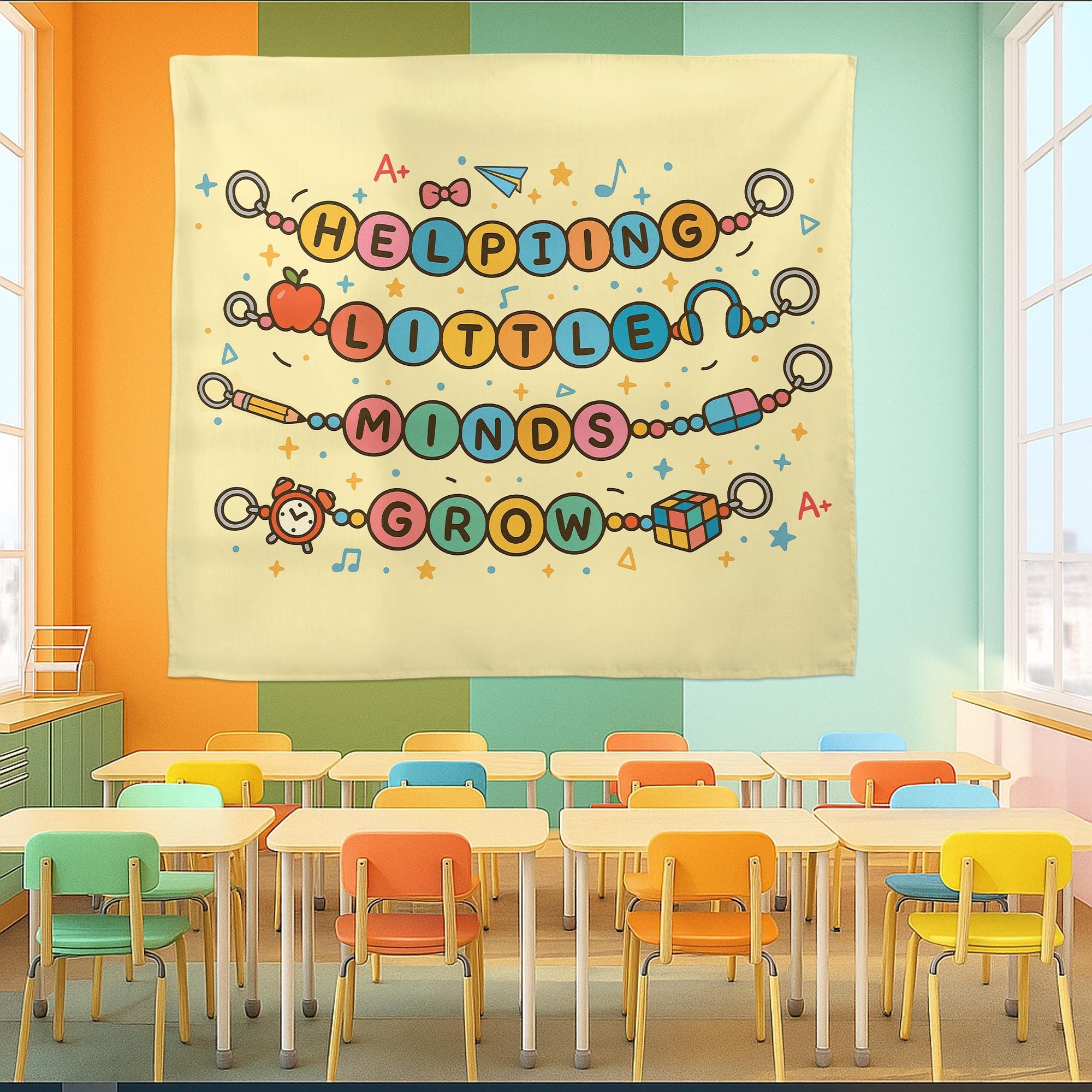 Helping Little Minds Grow Tapestry – Cute Teacher Classroom Wall Decor, Preschool Teacher Gift, Motivational School Banner