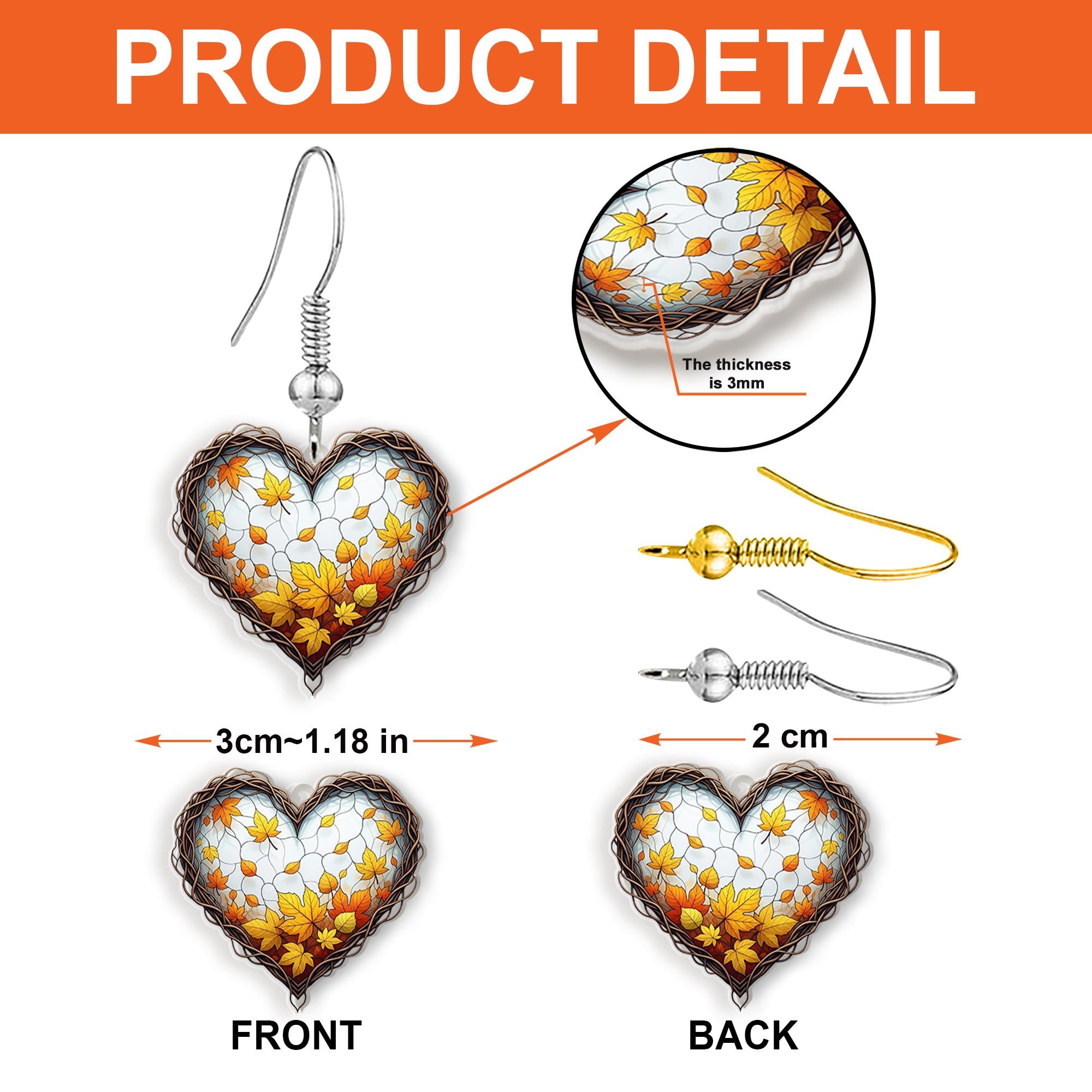 Autumn Heart Leaf Earrings – Fall Stained Glass Style Dangle Earrings, Rustic Maple Leaf Jewelry, Autumn Gift for Her, Thanksgiving Style