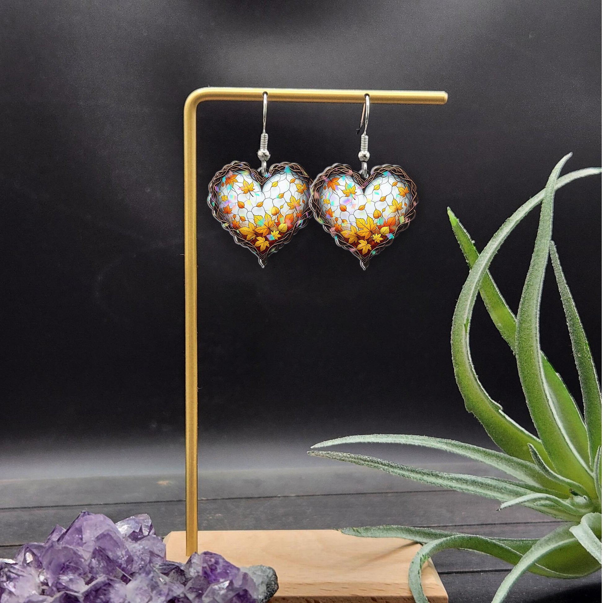 Autumn Heart Leaf Earrings – Fall Stained Glass Style Dangle Earrings, Rustic Maple Leaf Jewelry, Autumn Gift for Her, Thanksgiving Style
