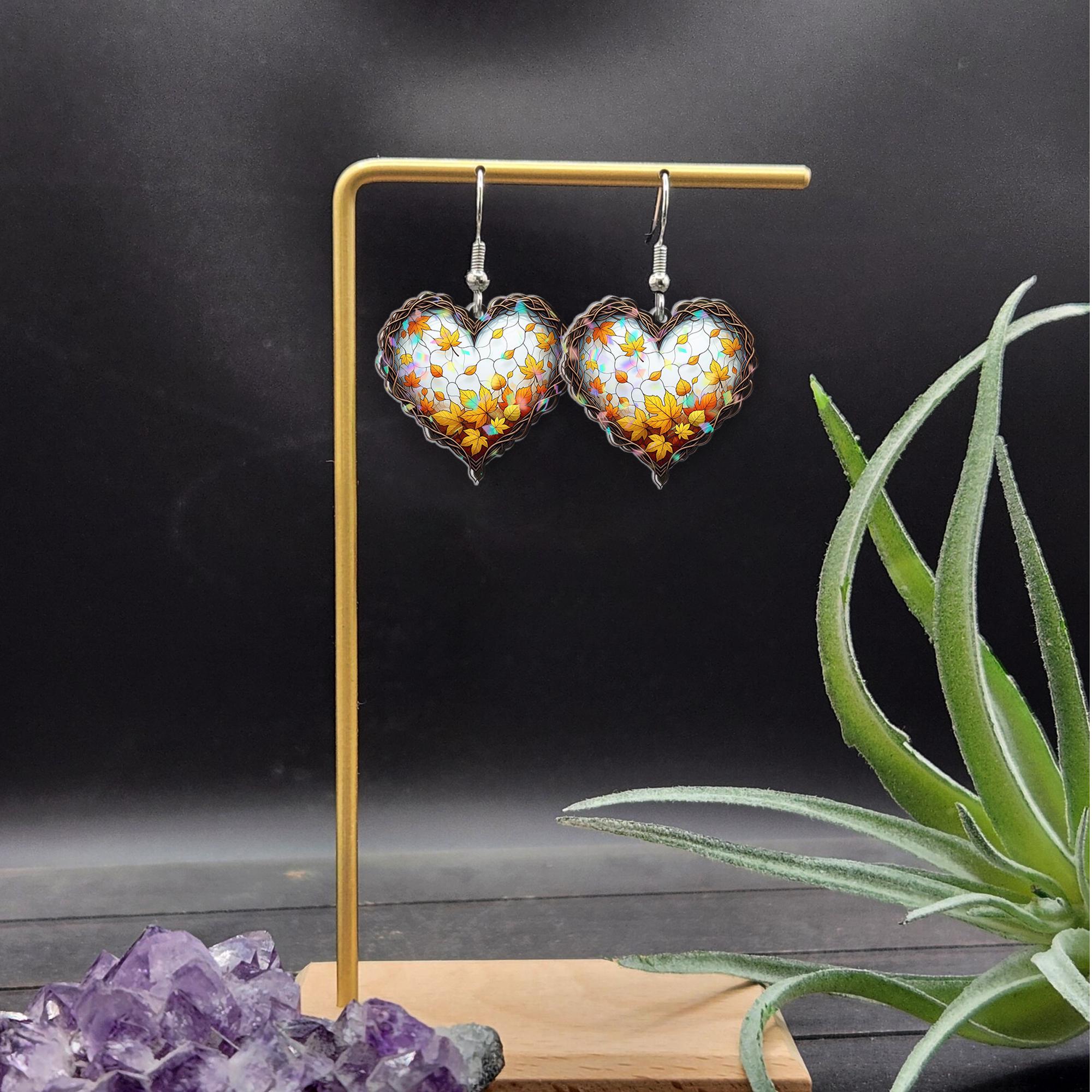 Autumn Heart Leaf Earrings – Fall Stained Glass Style Dangle Earrings, Rustic Maple Leaf Jewelry, Autumn Gift for Her, Thanksgiving Style
