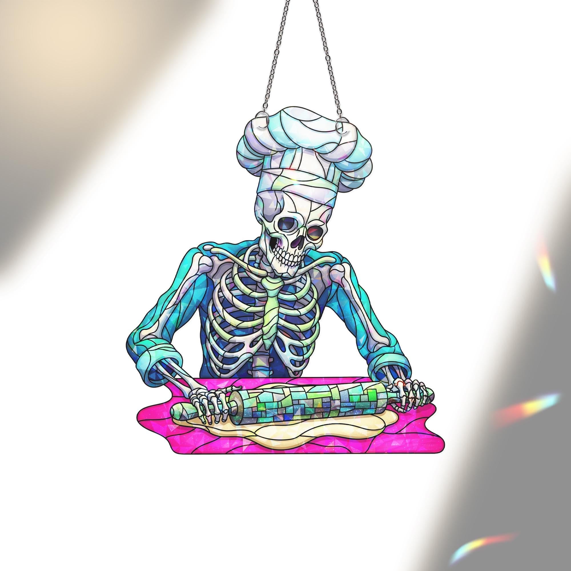 Skeleton Chef Window Hanging – Holographic Stained Glass Kitchen Decor, Spooky Baker Suncatcher, Funny Halloween Cooking Gift