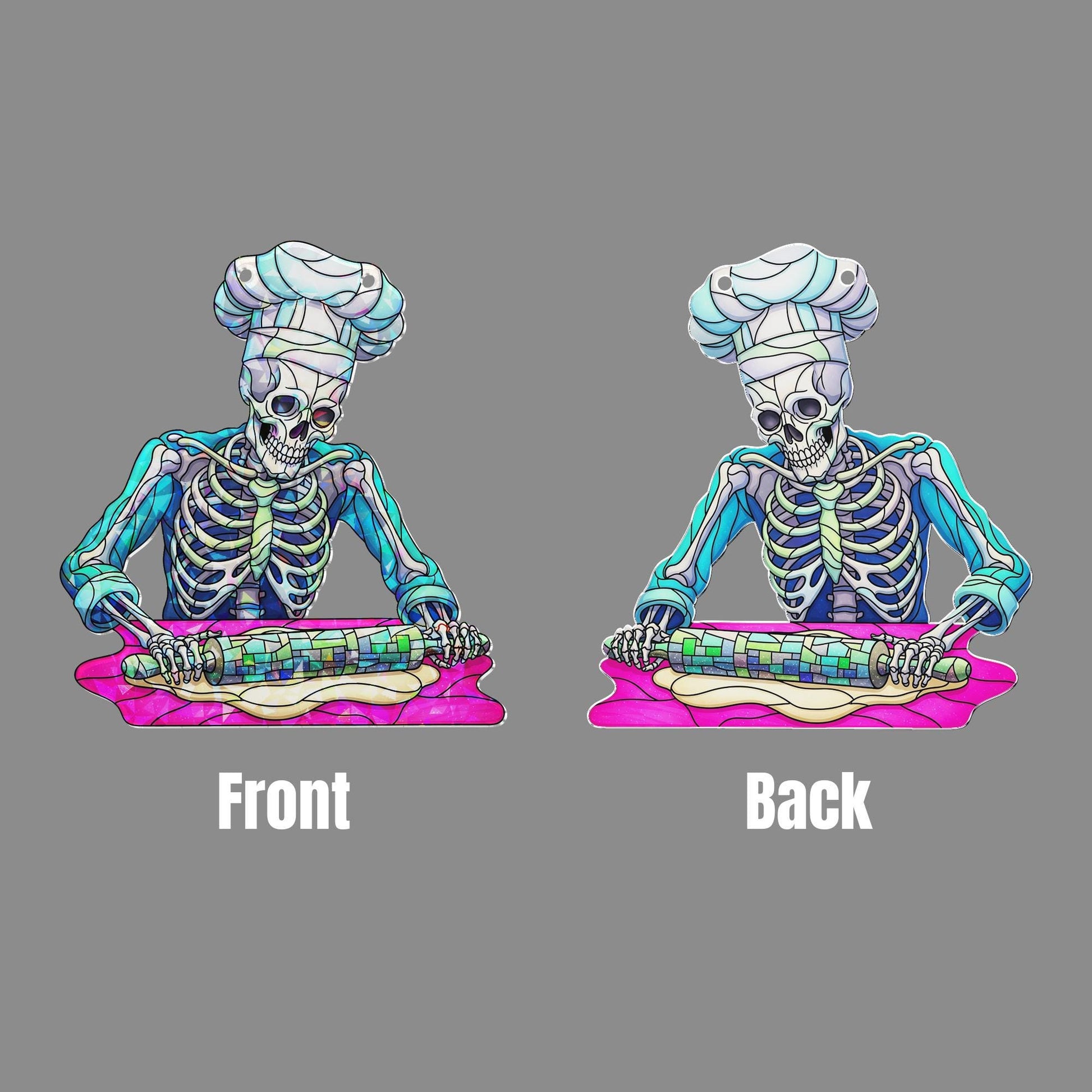 Skeleton Chef Window Hanging – Holographic Stained Glass Kitchen Decor, Spooky Baker Suncatcher, Funny Halloween Cooking Gift