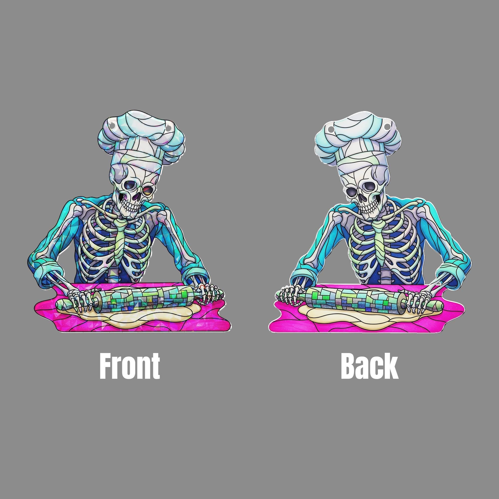 Skeleton Chef Window Hanging – Holographic Stained Glass Kitchen Decor, Spooky Baker Suncatcher, Funny Halloween Cooking Gift