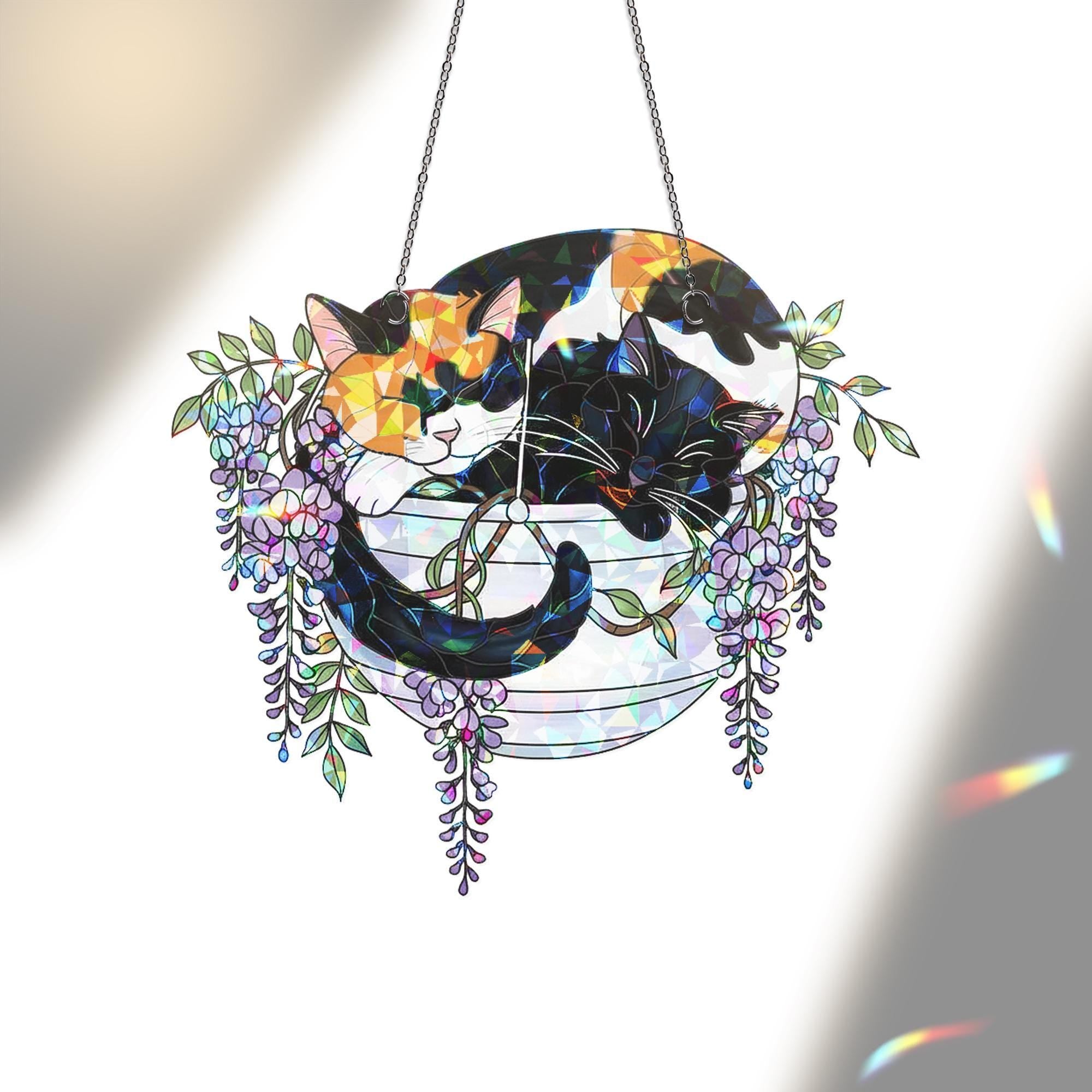 Calico Cat and Black Cat with Wisteria Flowers Hologram Ornament, Sleeping Cat ACRYLIC Hanging Decor, Wisteria Floral Art , Cat Lover Gift