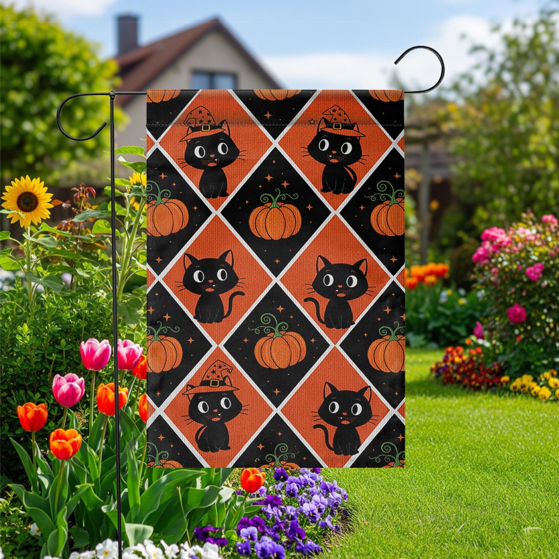 Black Cat Pumpkin Halloween Garden Flag – Cute Fall Outdoor Yard Decor, Witch Cat and Pumpkin Pattern Flag for Porch or Lawn Display
