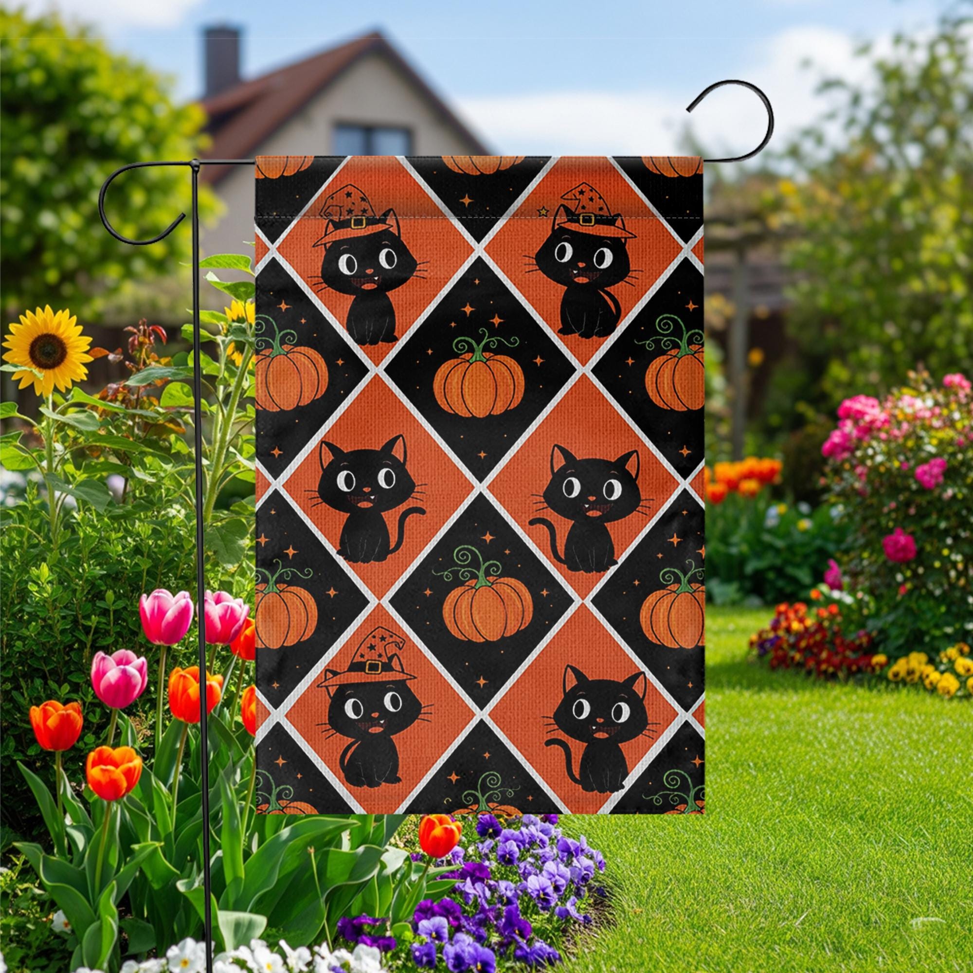 Black Cat Pumpkin Halloween Garden Flag – Cute Fall Outdoor Yard Decor, Witch Cat and Pumpkin Pattern Flag for Porch or Lawn Display