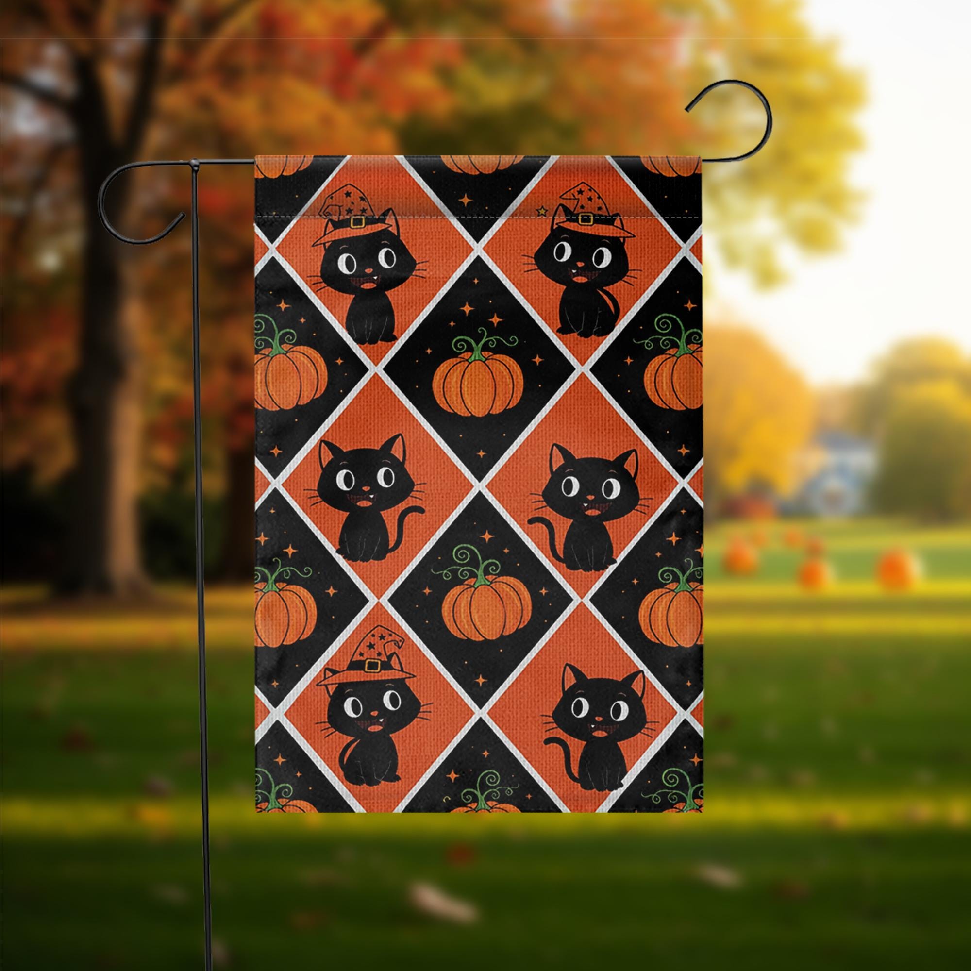 Black Cat Pumpkin Halloween Garden Flag – Cute Fall Outdoor Yard Decor, Witch Cat and Pumpkin Pattern Flag for Porch or Lawn Display