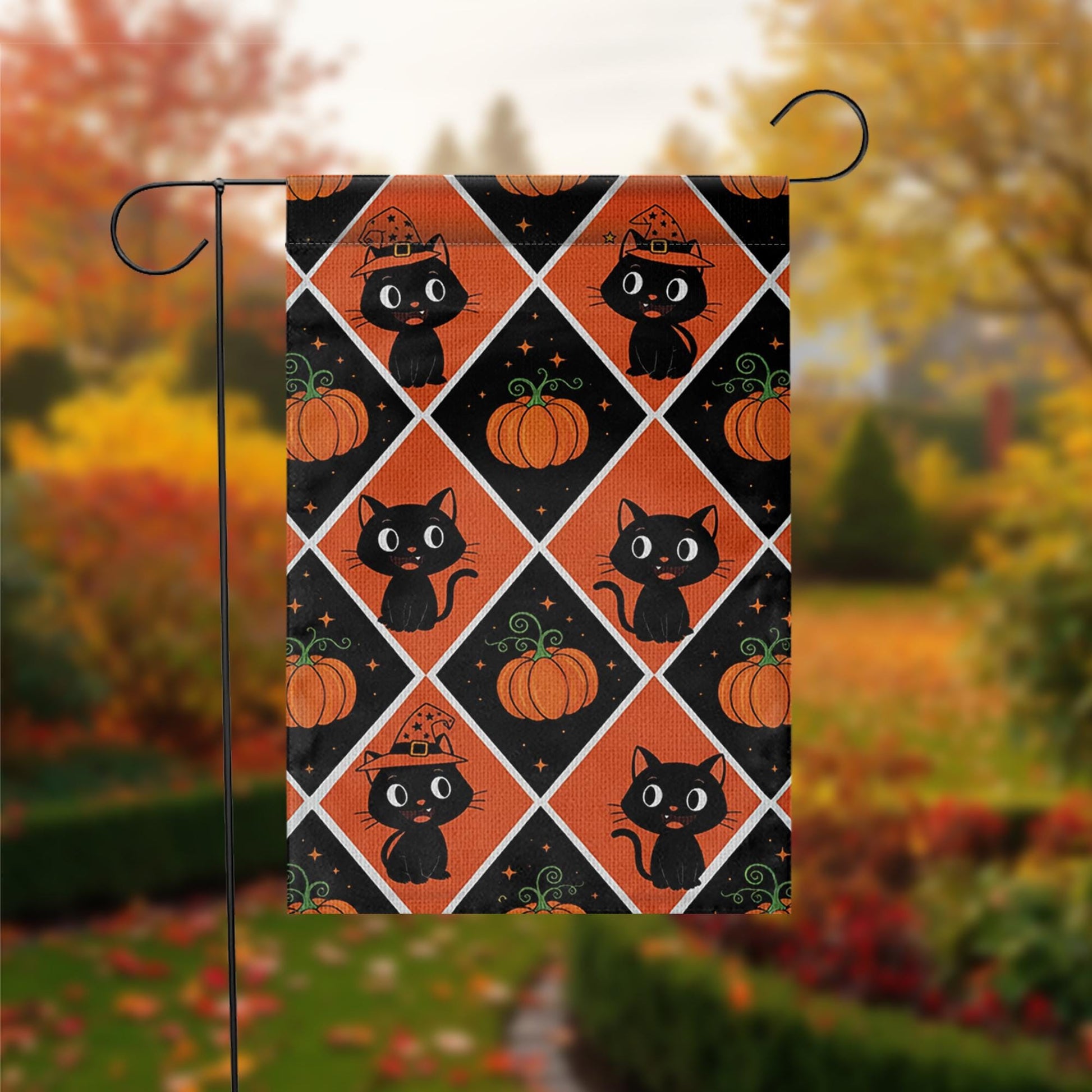 Black Cat Pumpkin Halloween Garden Flag – Cute Fall Outdoor Yard Decor, Witch Cat and Pumpkin Pattern Flag for Porch or Lawn Display